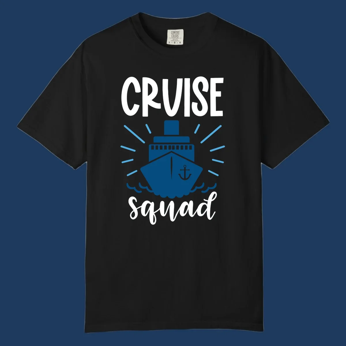Cruise squad ship design featuring a dark blue ship with anchor symbol, ocean waves, and radiating sun rays on gray background