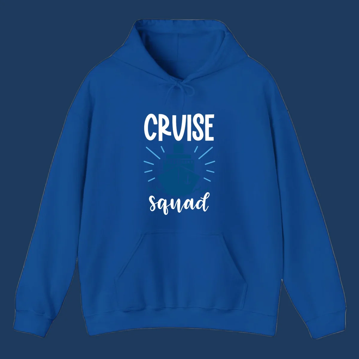 Cruise squad ship design featuring a dark blue ship with anchor symbol, ocean waves, and radiating sun rays on gray background