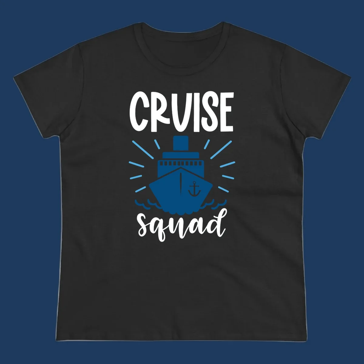 Cruise squad ship design featuring a dark blue ship with anchor symbol, ocean waves, and radiating sun rays on gray background