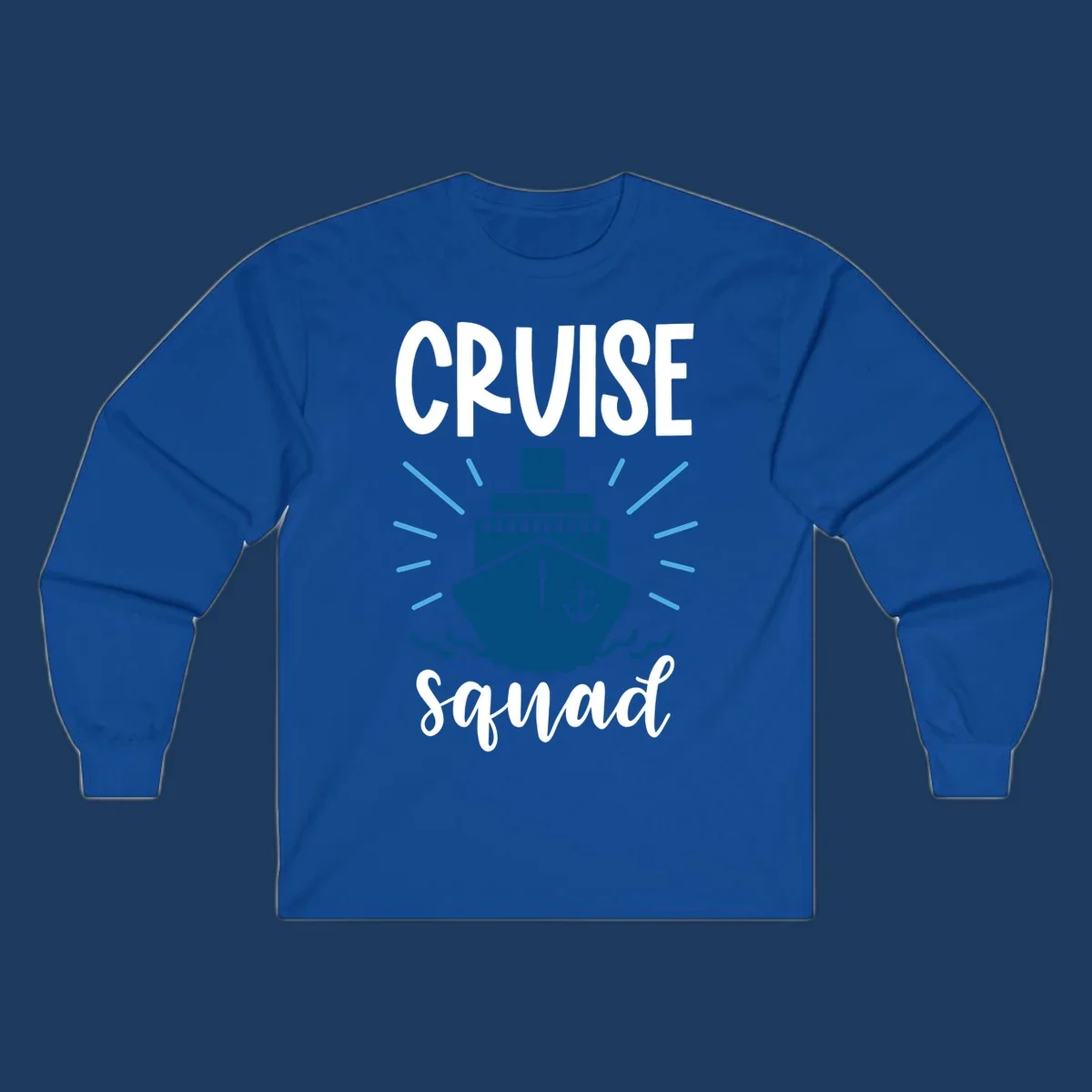 Cruise squad ship design featuring a dark blue ship with anchor symbol, ocean waves, and radiating sun rays on gray background