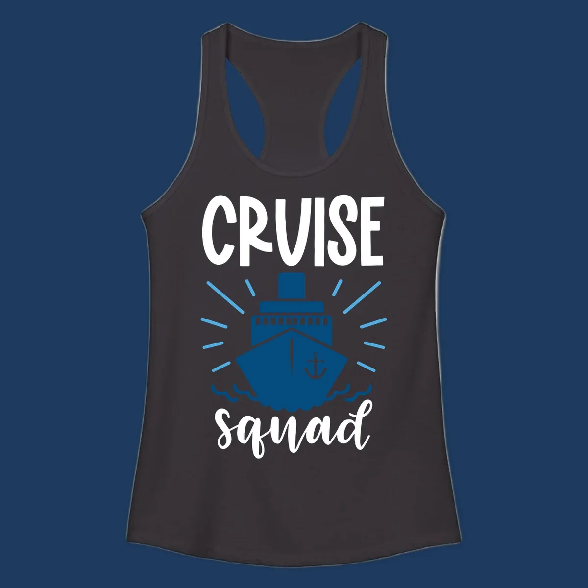 Cruise squad ship design featuring a dark blue ship with anchor symbol, ocean waves, and radiating sun rays on gray background