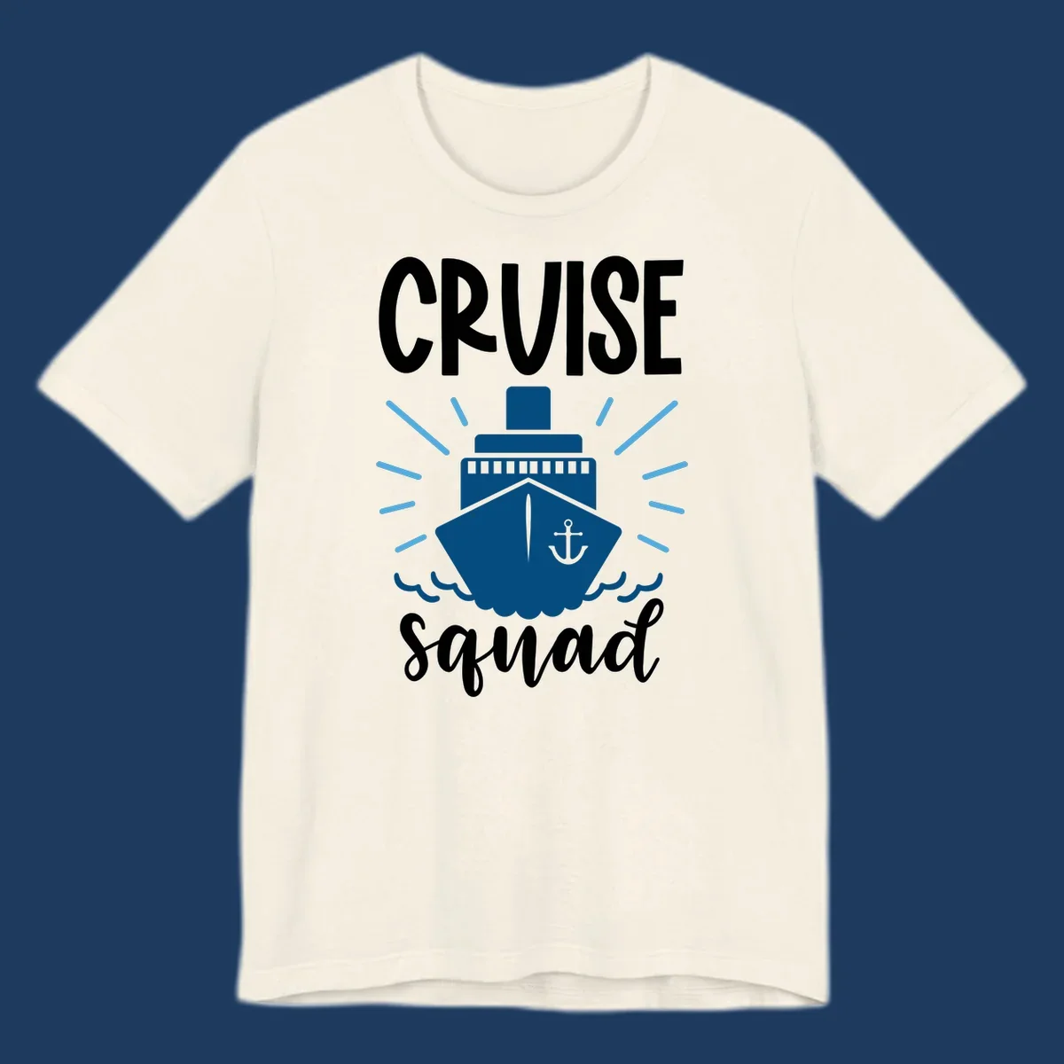 Cruise squad ship design featuring a dark blue ship with anchor symbol, ocean waves, and radiating sun rays on gray background