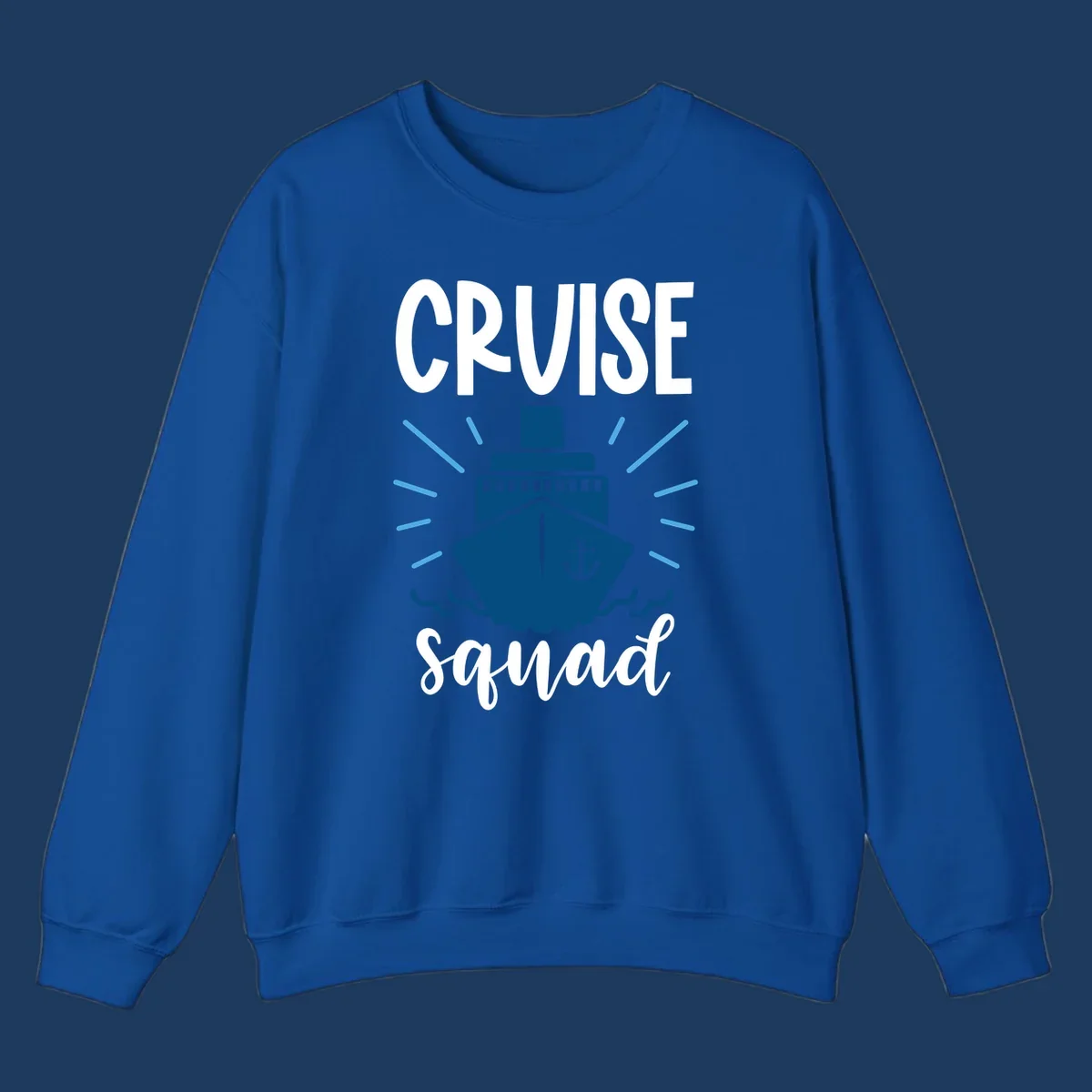 Cruise squad ship design featuring a dark blue ship with anchor symbol, ocean waves, and radiating sun rays on gray background