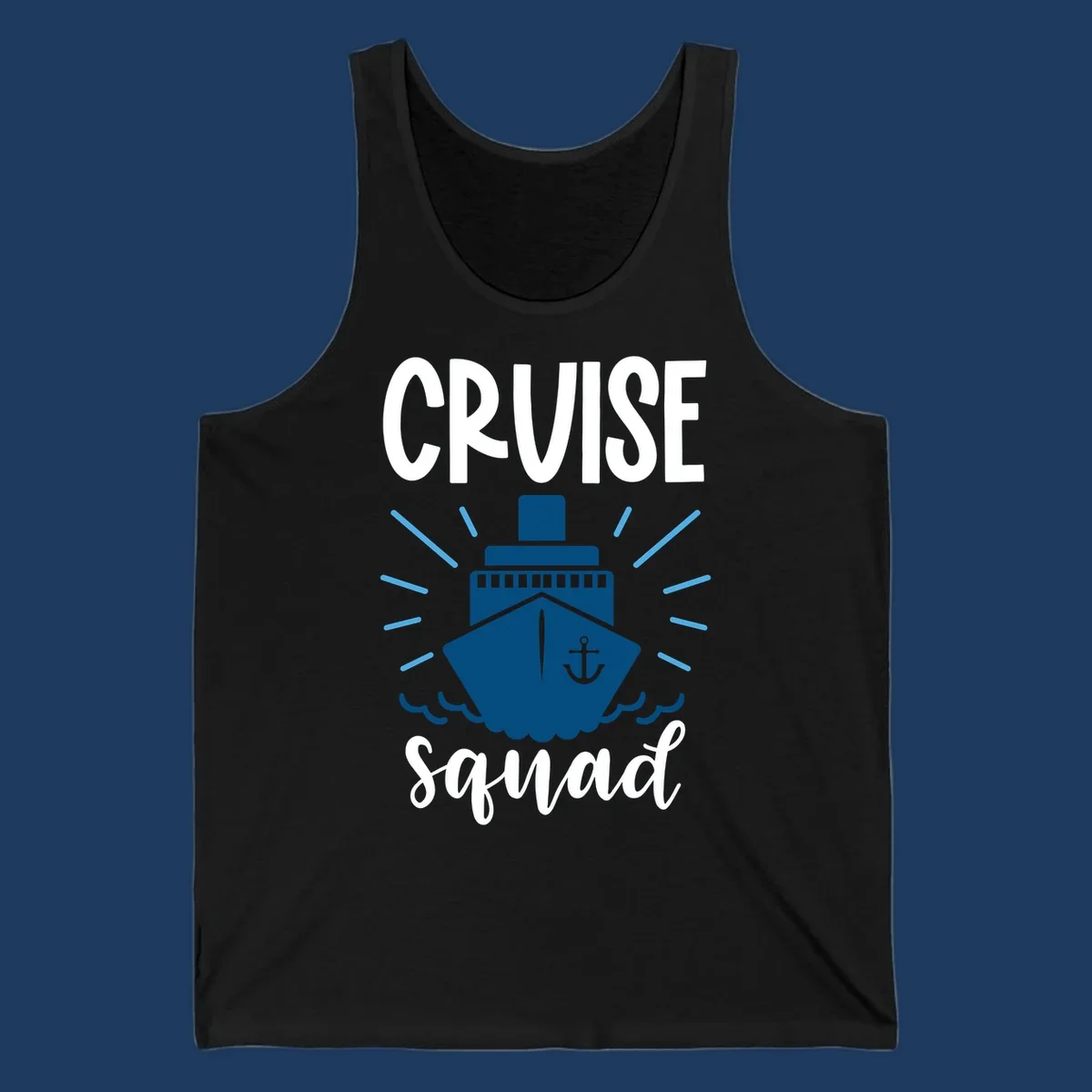 Cruise squad ship design featuring a dark blue ship with anchor symbol, ocean waves, and radiating sun rays on gray background