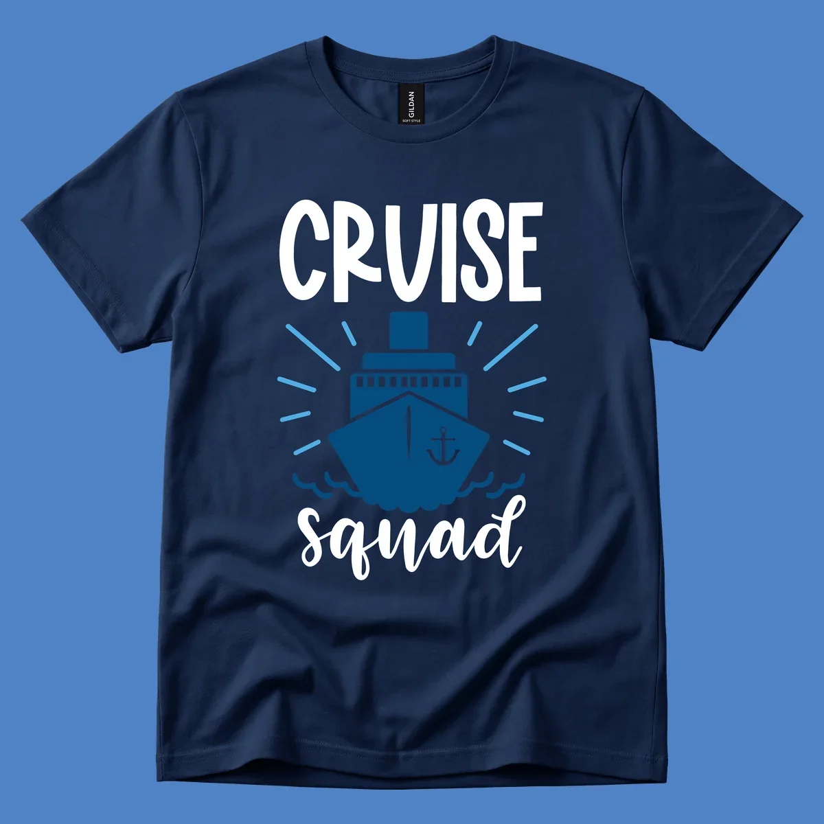 Cruise squad ship design featuring a dark blue ship with anchor symbol, ocean waves, and radiating sun rays on gray background