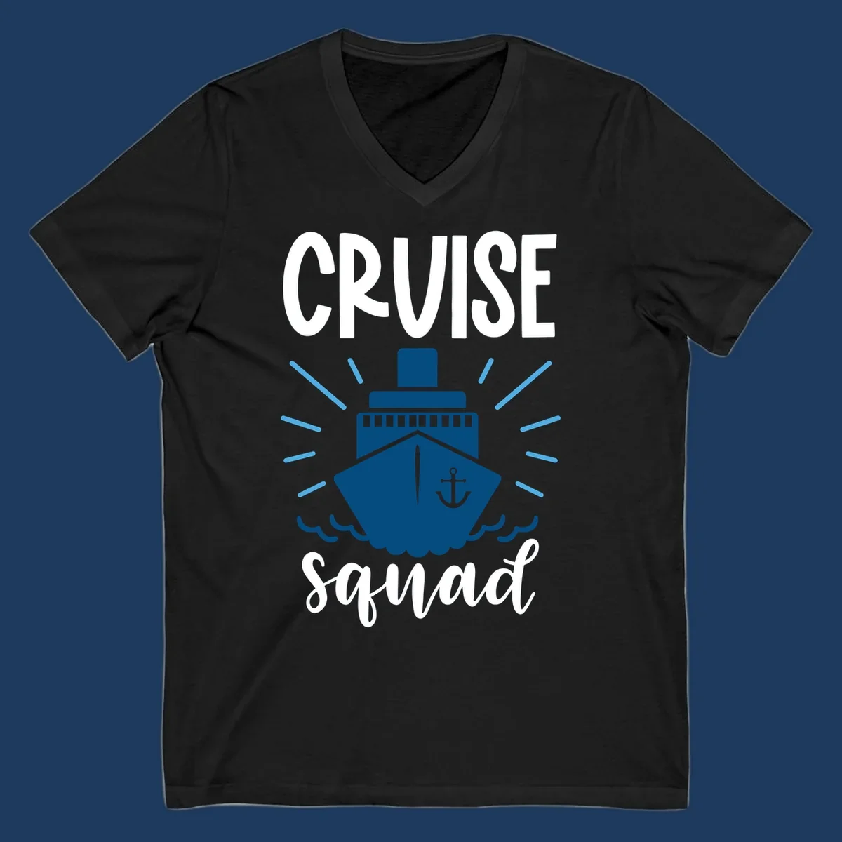 Cruise squad ship design featuring a dark blue ship with anchor symbol, ocean waves, and radiating sun rays on gray background