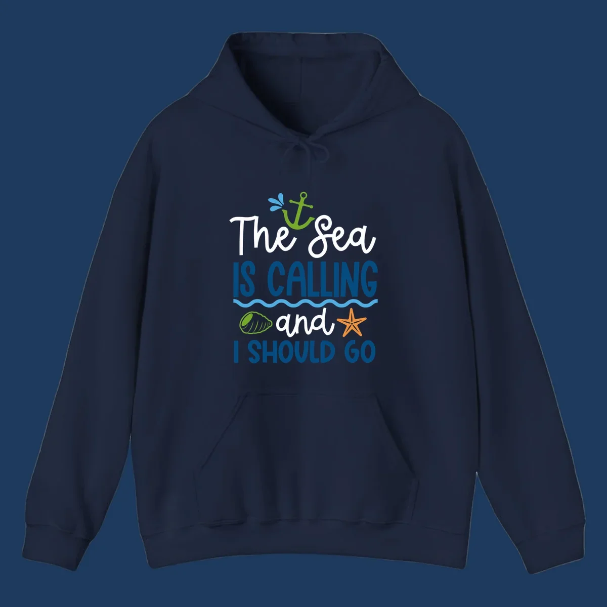 Gray tee design with 'The Sea Is Calling and I Should Go' text in white and blue, decorated with nautical icons including anchor, starfish, seashell, and ocean waves.
