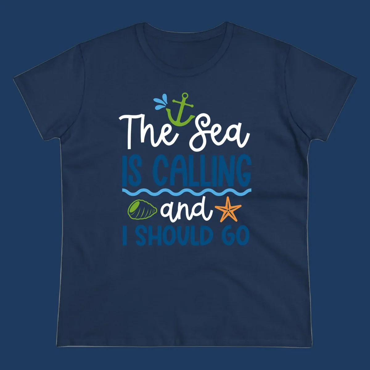 Gray tee design with 'The Sea Is Calling and I Should Go' text in white and blue, decorated with nautical icons including anchor, starfish, seashell, and ocean waves.