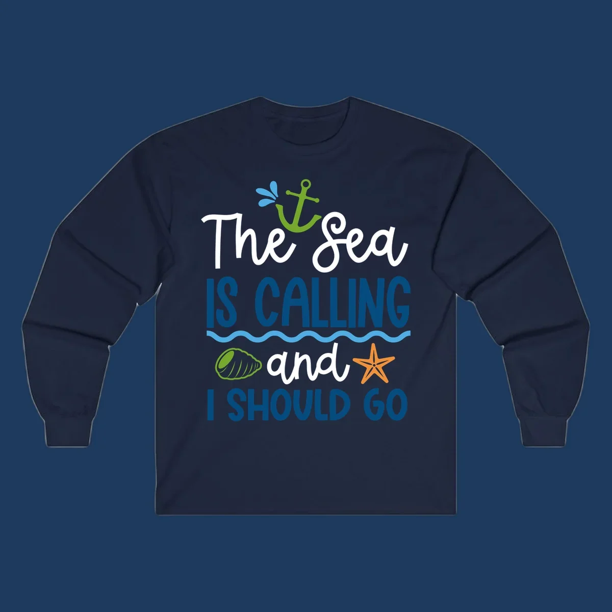 Gray tee design with 'The Sea Is Calling and I Should Go' text in white and blue, decorated with nautical icons including anchor, starfish, seashell, and ocean waves.