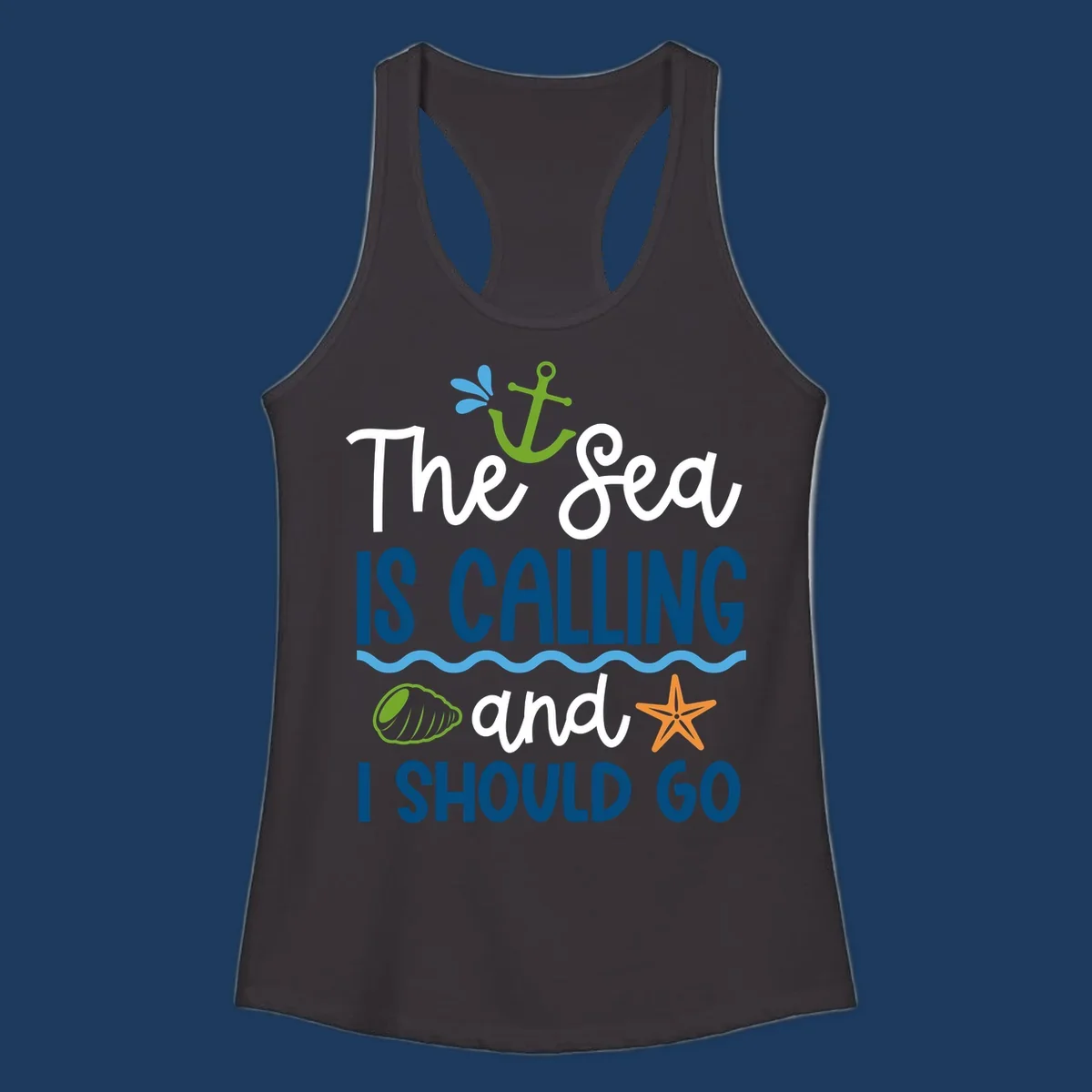 Gray tee design with 'The Sea Is Calling and I Should Go' text in white and blue, decorated with nautical icons including anchor, starfish, seashell, and ocean waves.