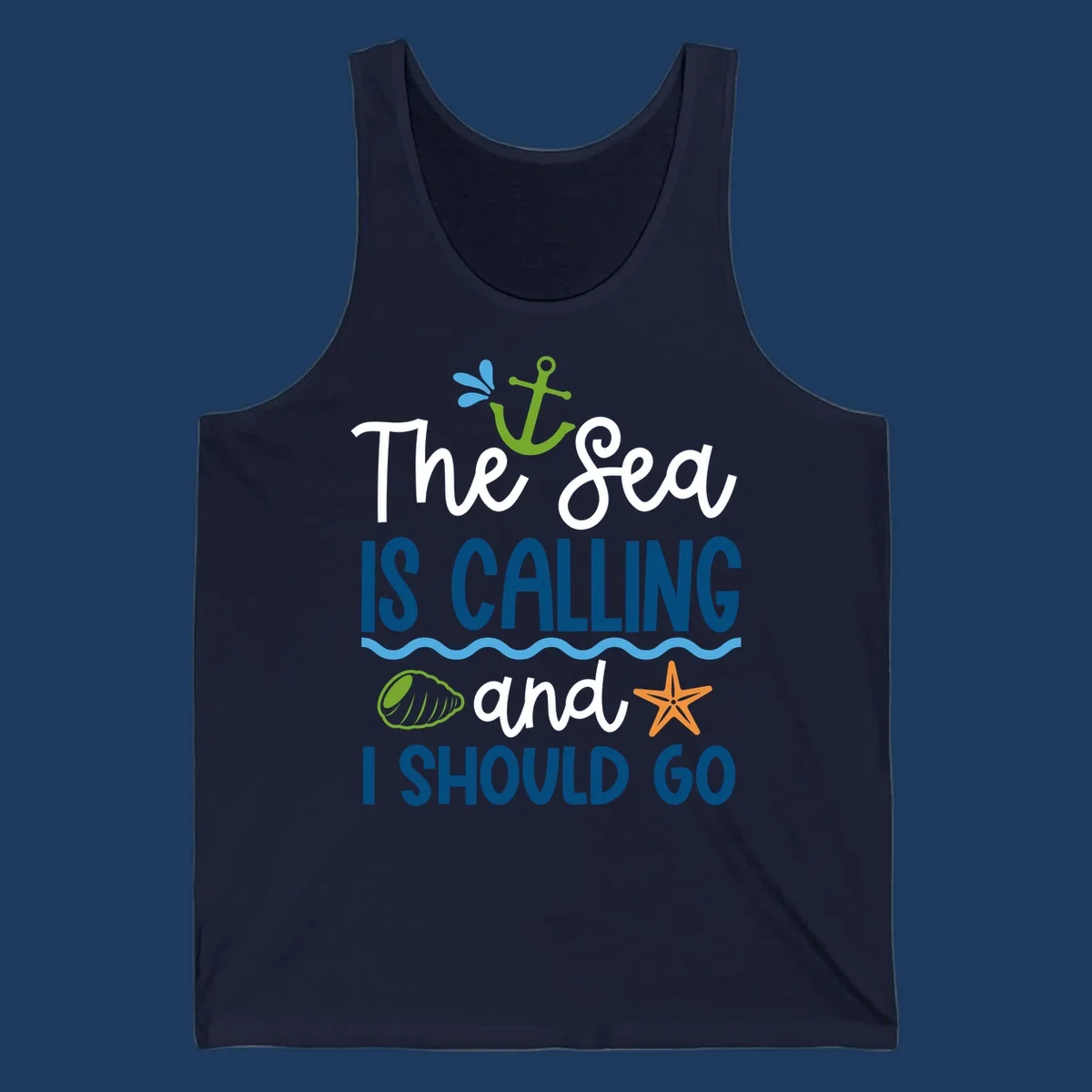 Gray tee design with 'The Sea Is Calling and I Should Go' text in white and blue, decorated with nautical icons including anchor, starfish, seashell, and ocean waves.