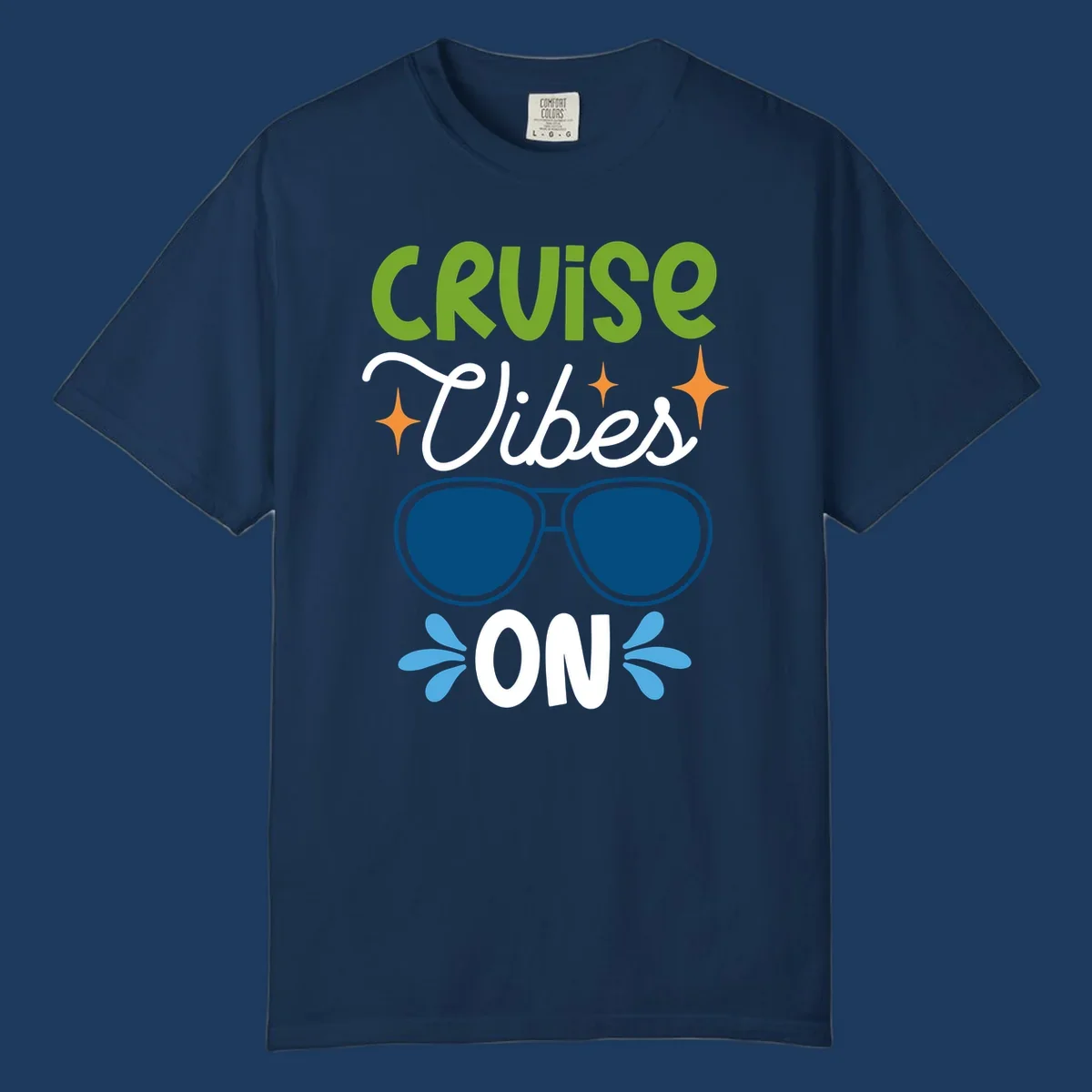 Cruise vibes on design with lime green text, blue aviator sunglasses, orange stars, and blue water droplets on gray background