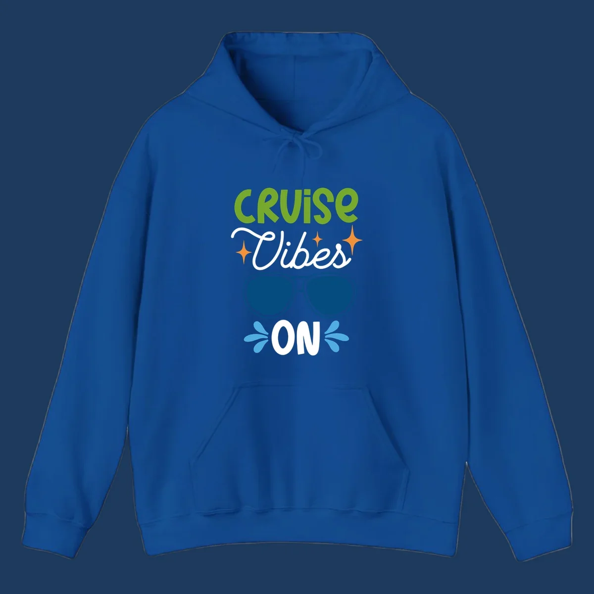 Cruise vibes on design with lime green text, blue aviator sunglasses, orange stars, and blue water droplets on gray background