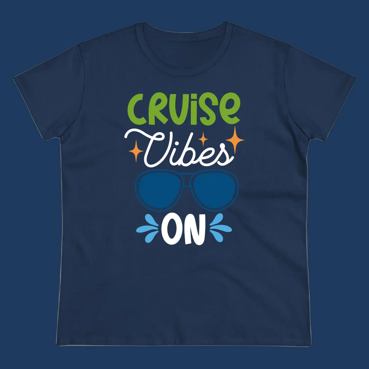 Cruise vibes on design with lime green text, blue aviator sunglasses, orange stars, and blue water droplets on gray background