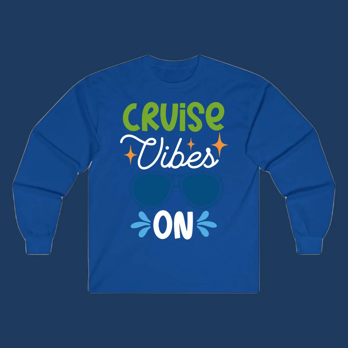 Cruise vibes on design with lime green text, blue aviator sunglasses, orange stars, and blue water droplets on gray background
