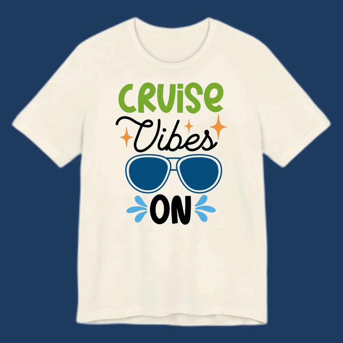Cruise vibes on design with lime green text, blue aviator sunglasses, orange stars, and blue water droplets on gray background