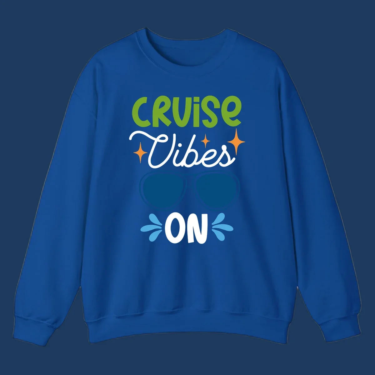 Cruise vibes on design with lime green text, blue aviator sunglasses, orange stars, and blue water droplets on gray background