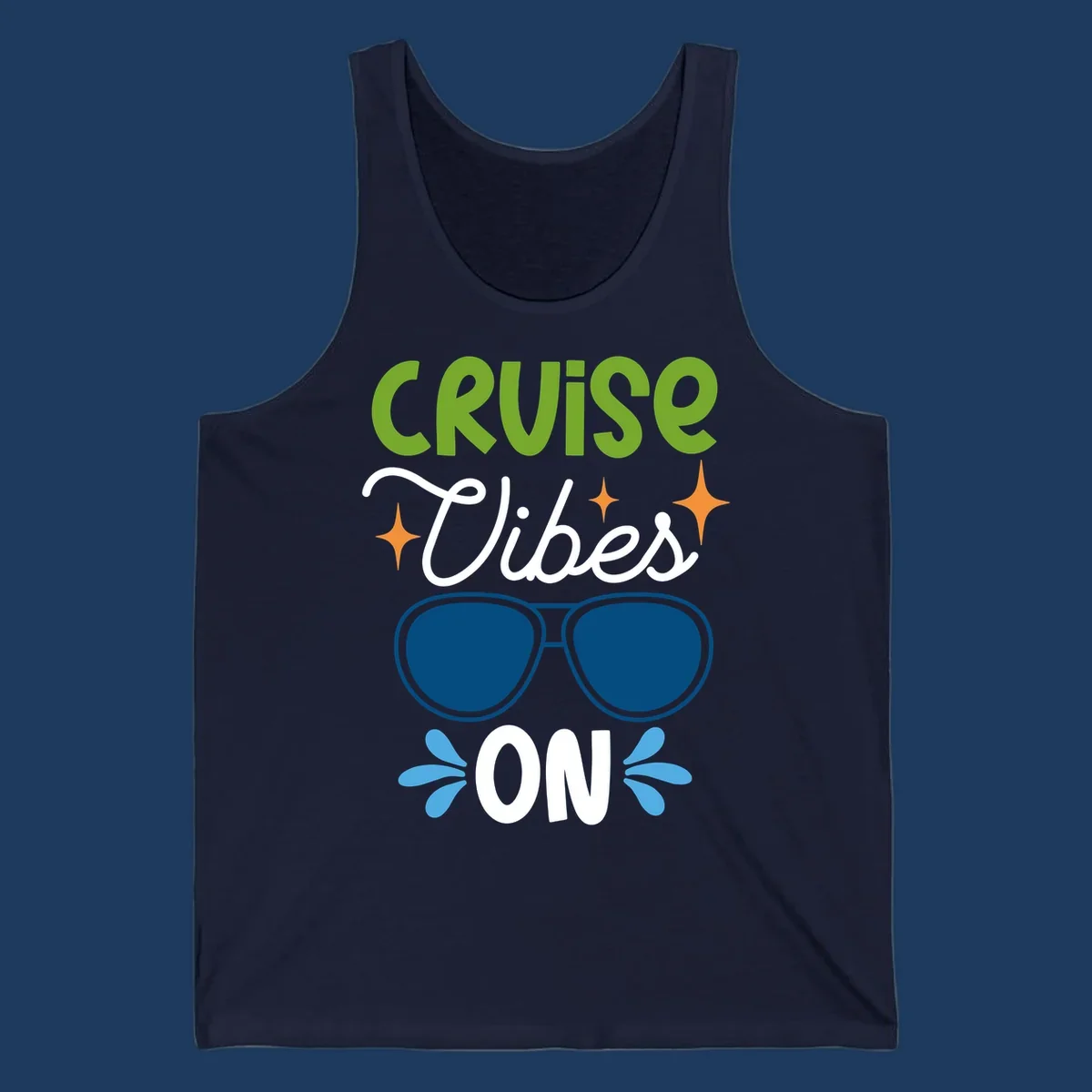 Cruise vibes on design with lime green text, blue aviator sunglasses, orange stars, and blue water droplets on gray background