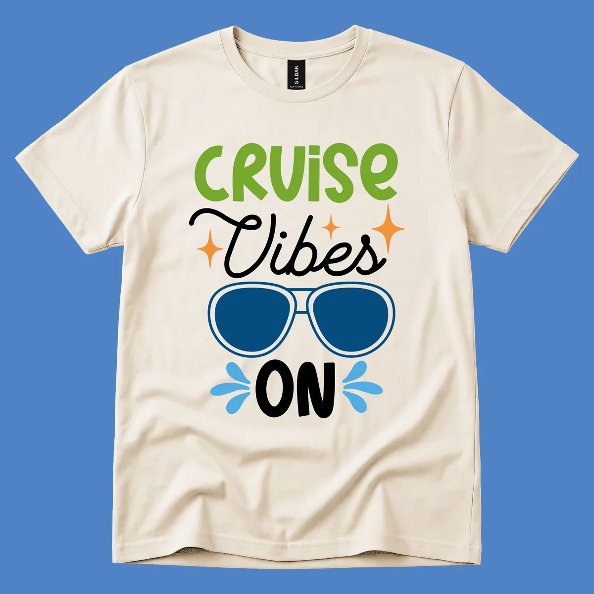 Cruise vibes on design with lime green text, blue aviator sunglasses, orange stars, and blue water droplets on gray background