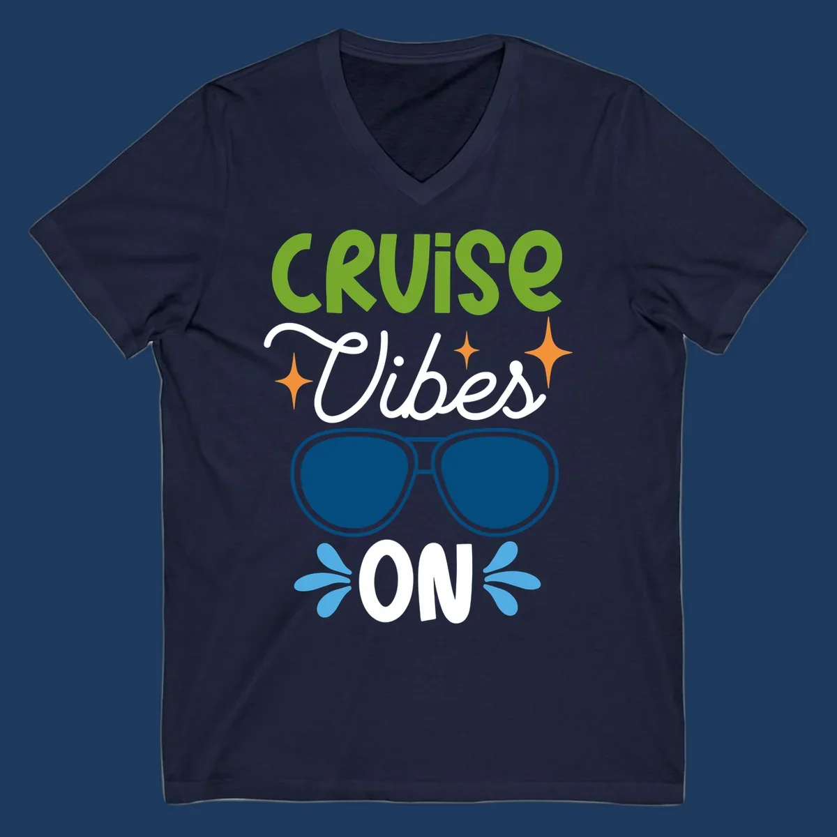 Cruise vibes on design with lime green text, blue aviator sunglasses, orange stars, and blue water droplets on gray background