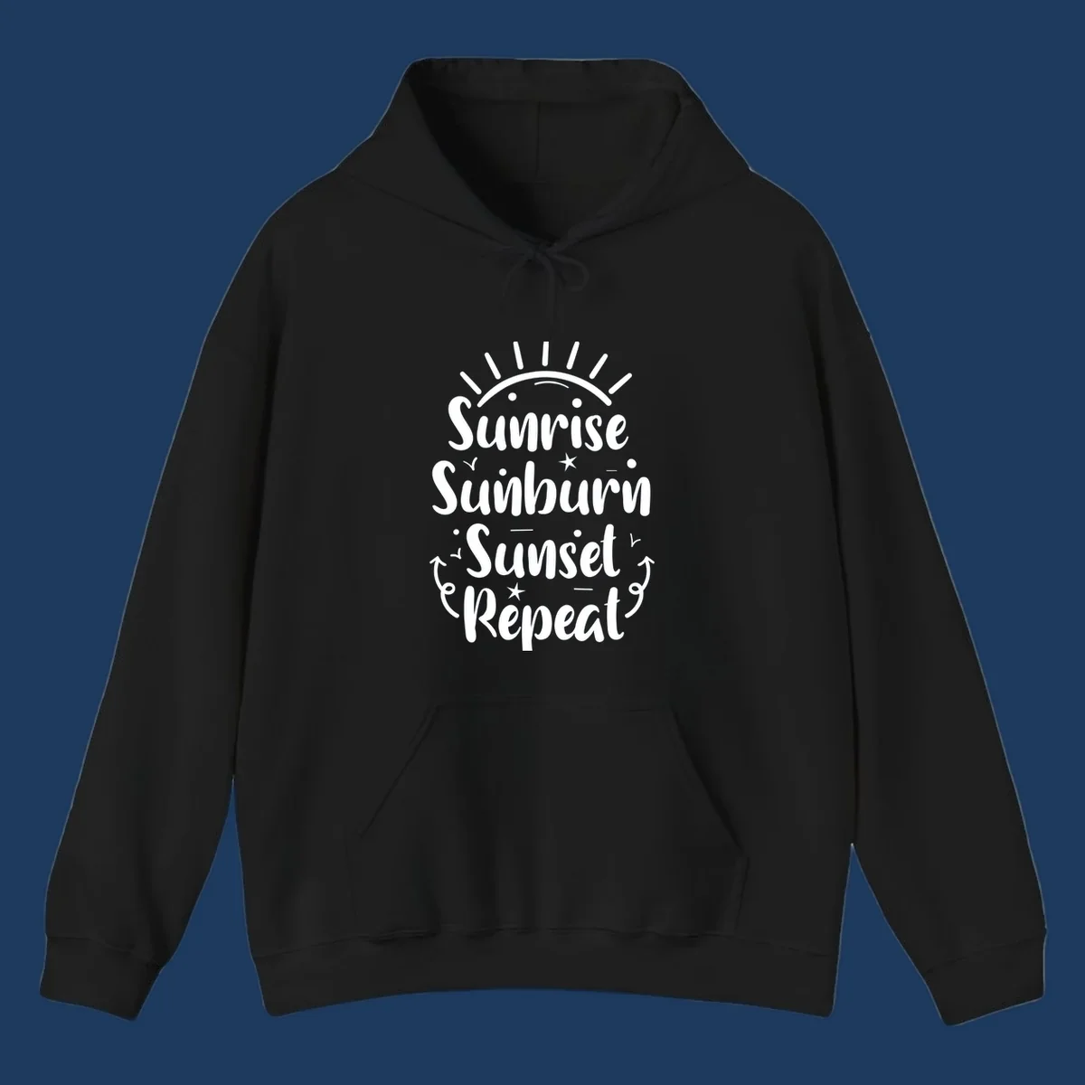 Gray design with white text reading 'Sunrise Sunburn Sunset Repeat' featuring a sunrise graphic with radiating rays and decorative stars and arrows