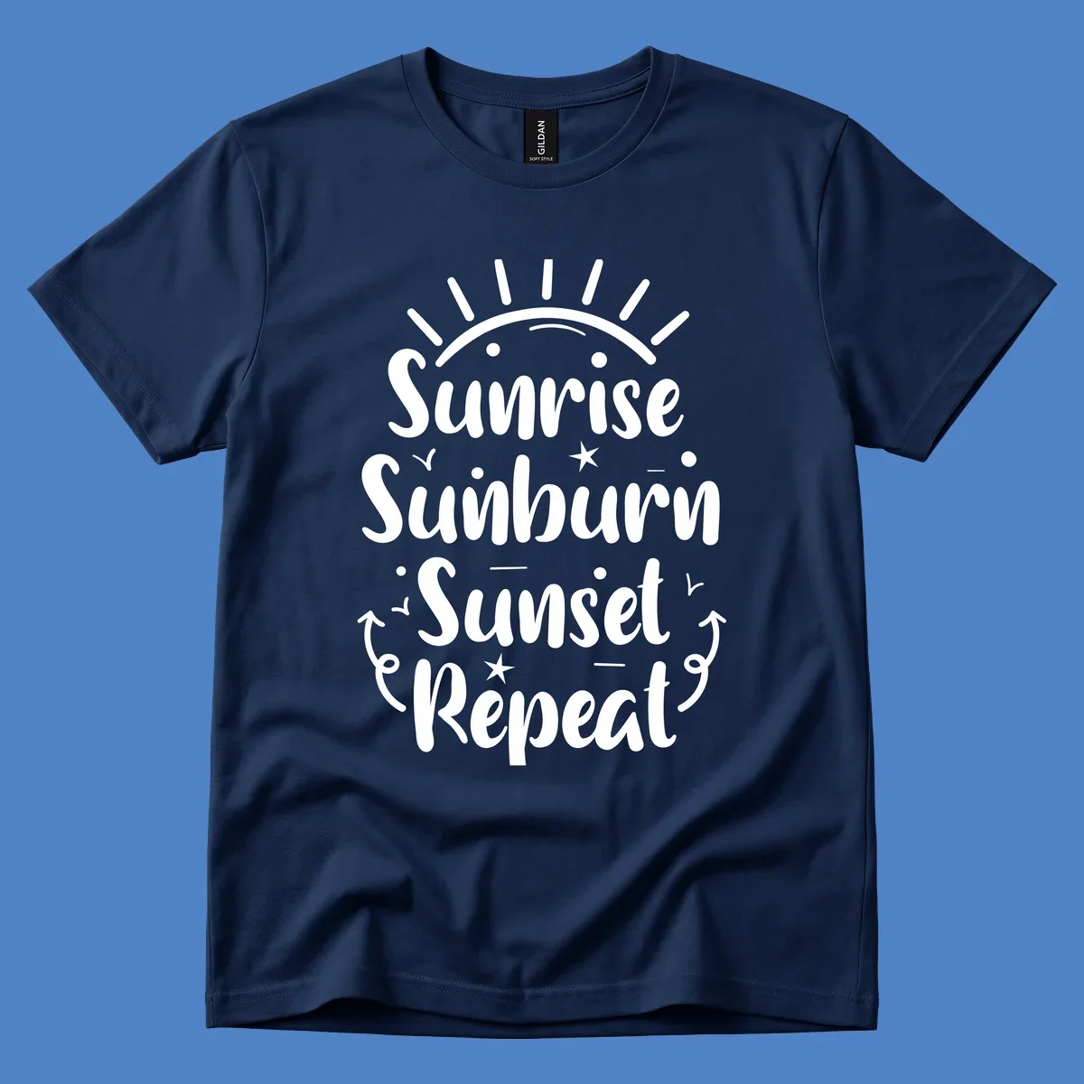 Gray design with white text reading 'Sunrise Sunburn Sunset Repeat' featuring a sunrise graphic with radiating rays and decorative stars and arrows