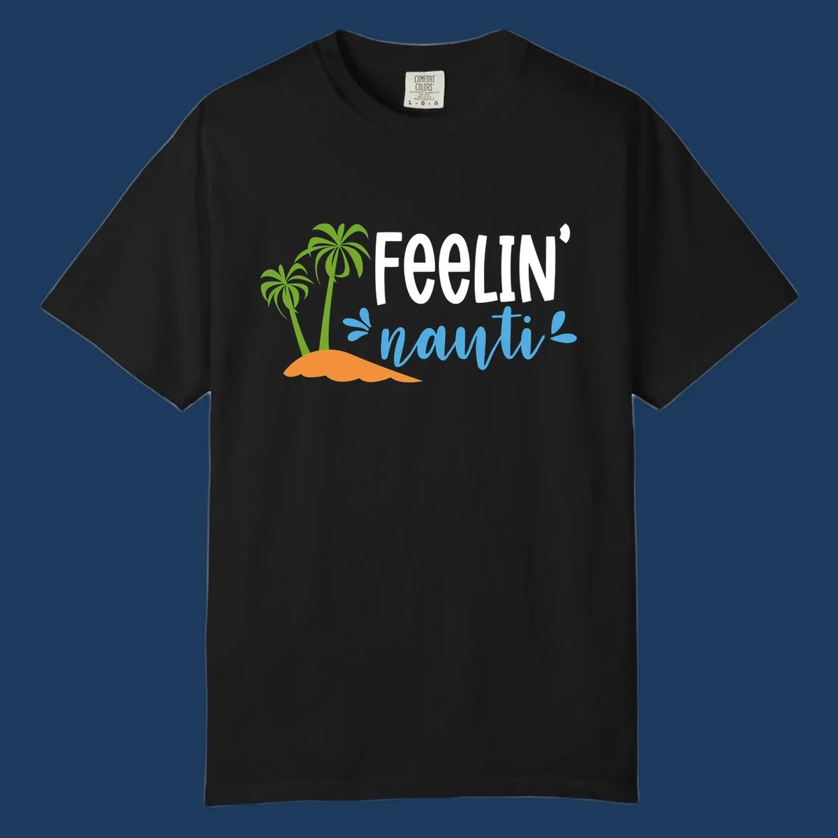 Feelin' nauty cruise design with palm trees, ocean waves, and tropical lettering on gray background