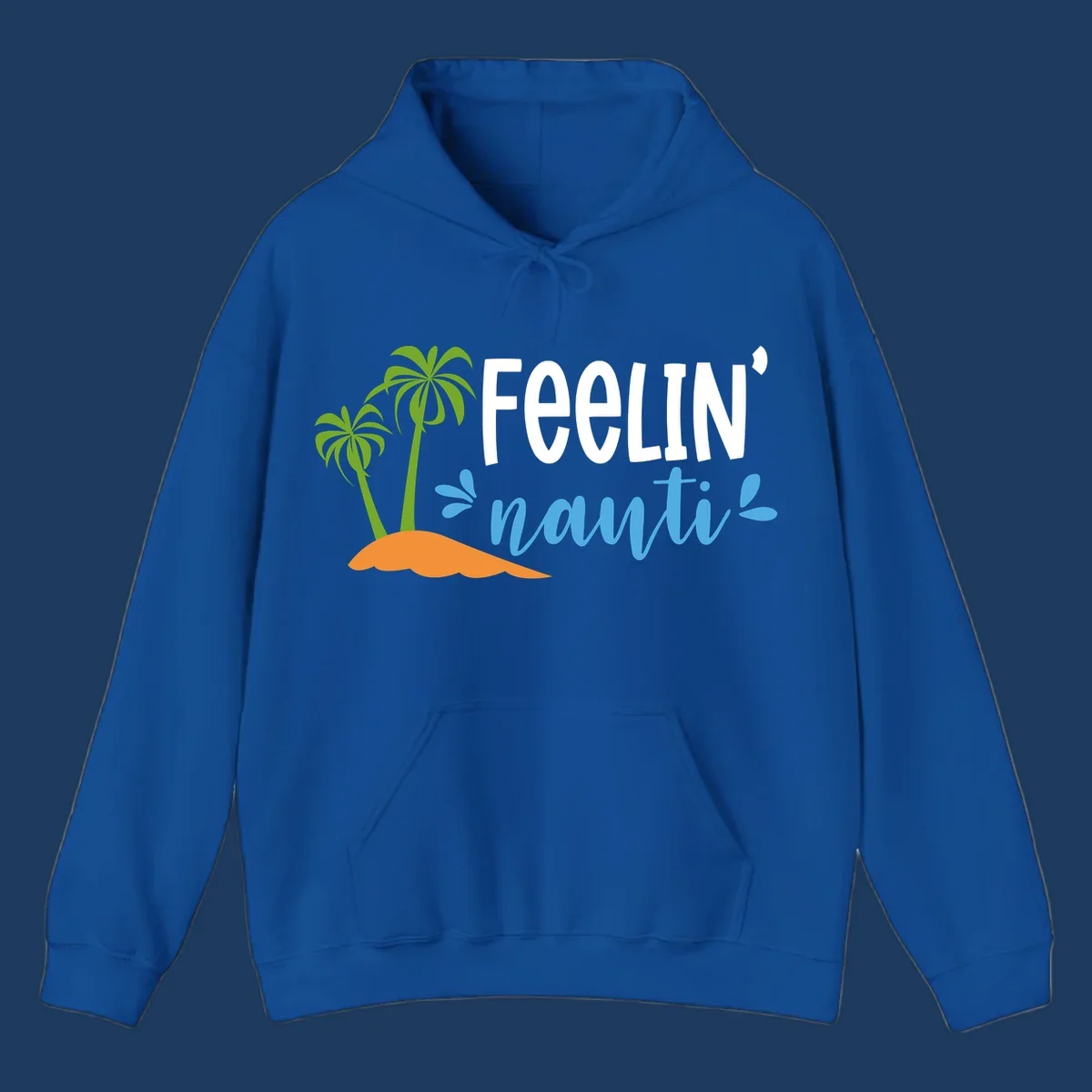 Feelin' nauty cruise design with palm trees, ocean waves, and tropical lettering on gray background