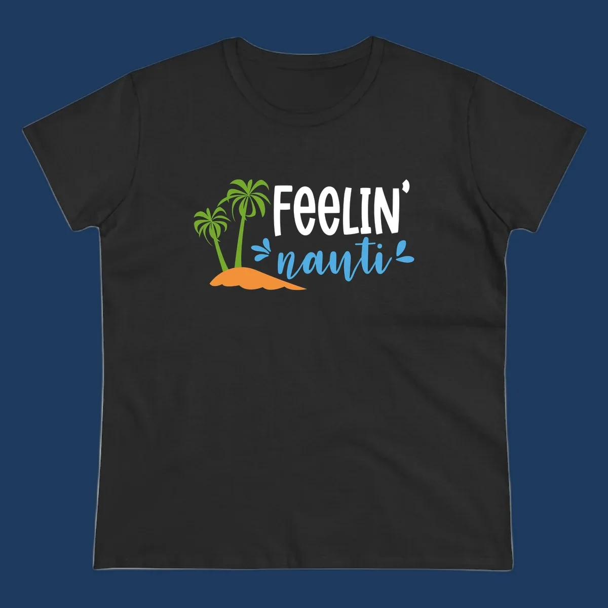 Feelin' nauty cruise design with palm trees, ocean waves, and tropical lettering on gray background