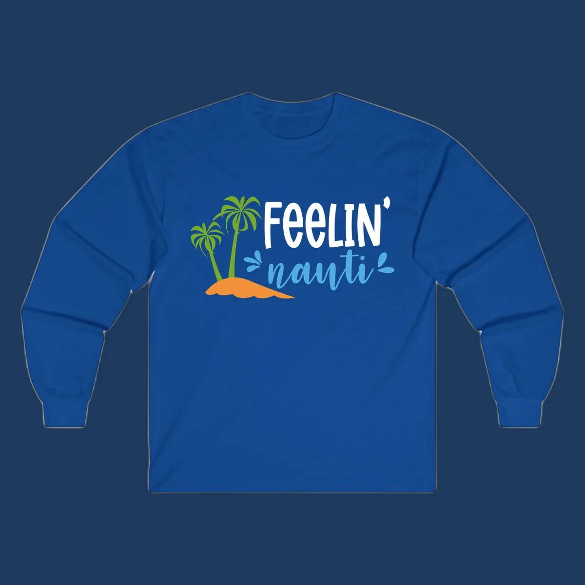 Feelin' nauty cruise design with palm trees, ocean waves, and tropical lettering on gray background