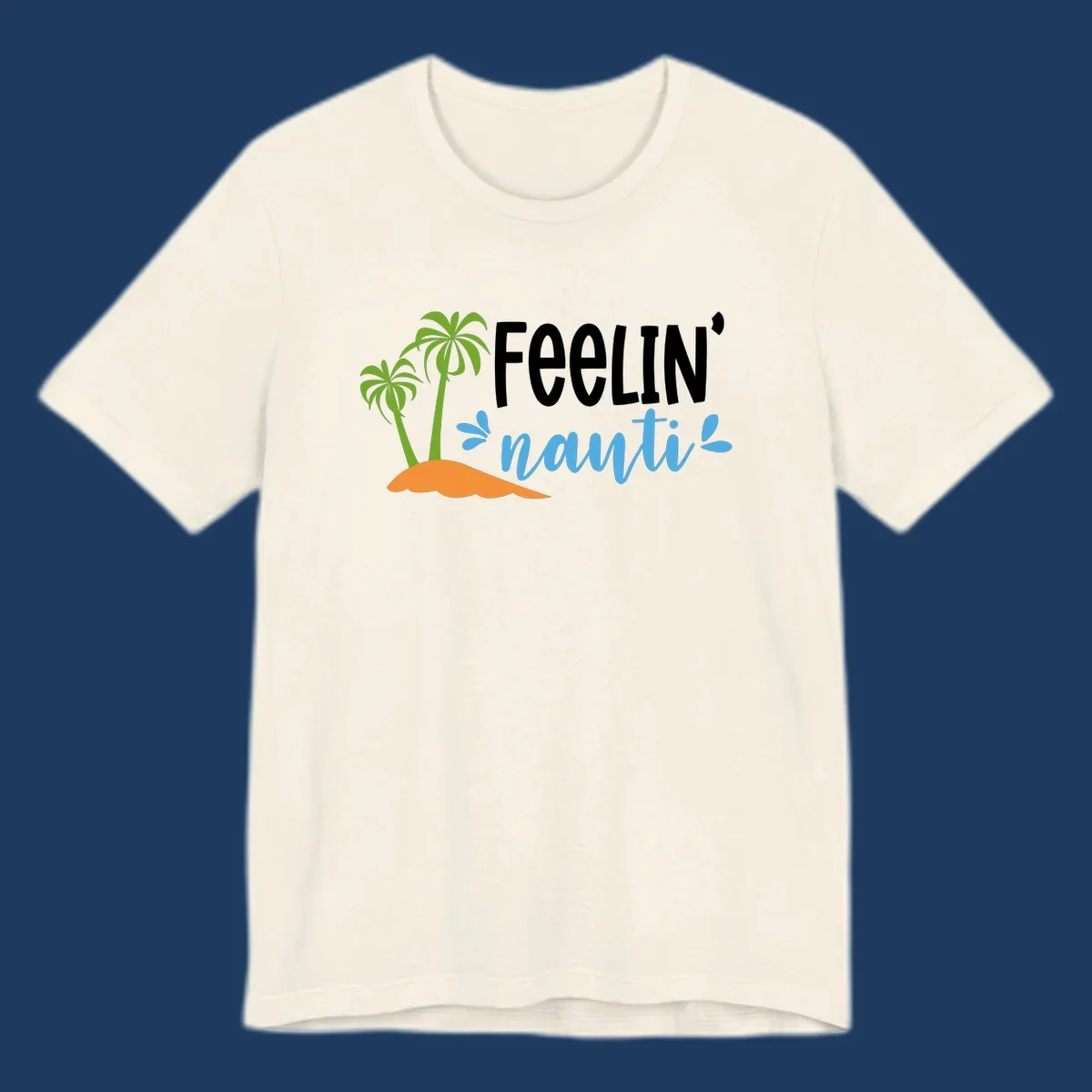 Feelin' nauty cruise design with palm trees, ocean waves, and tropical lettering on gray background