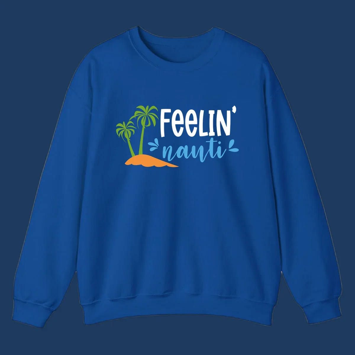 Feelin' nauty cruise design with palm trees, ocean waves, and tropical lettering on gray background