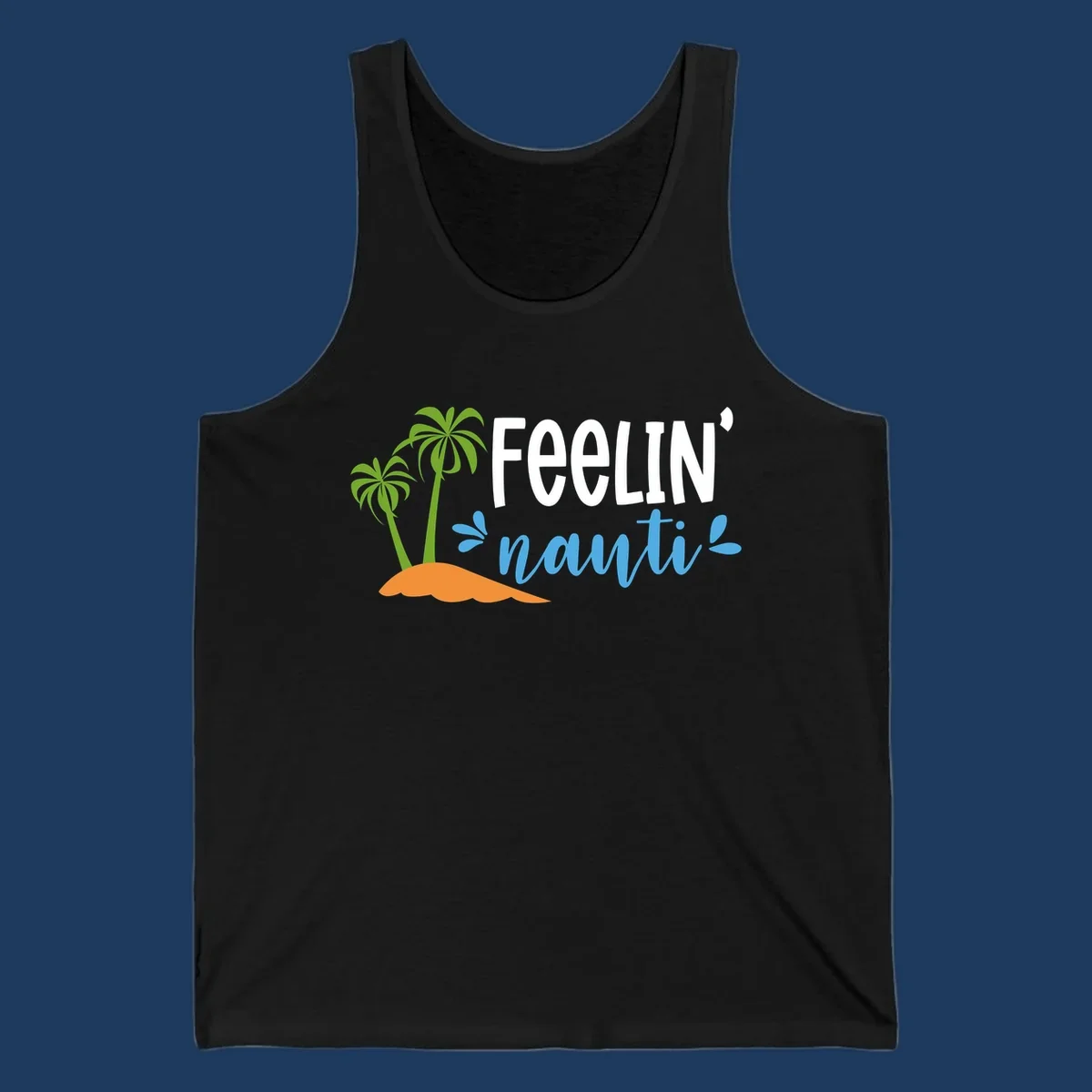 Feelin' nauty cruise design with palm trees, ocean waves, and tropical lettering on gray background