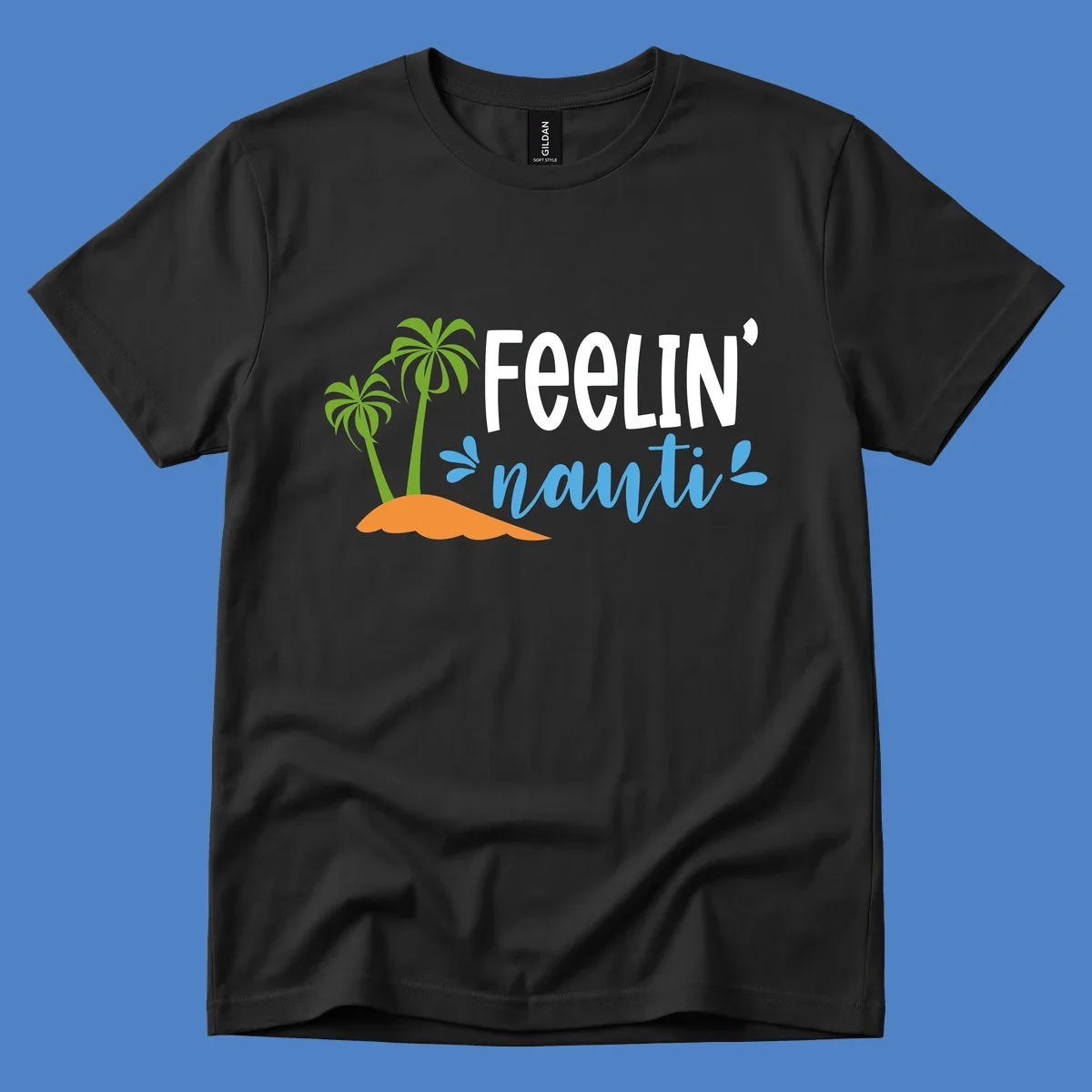 Feelin' nauty cruise design with palm trees, ocean waves, and tropical lettering on gray background