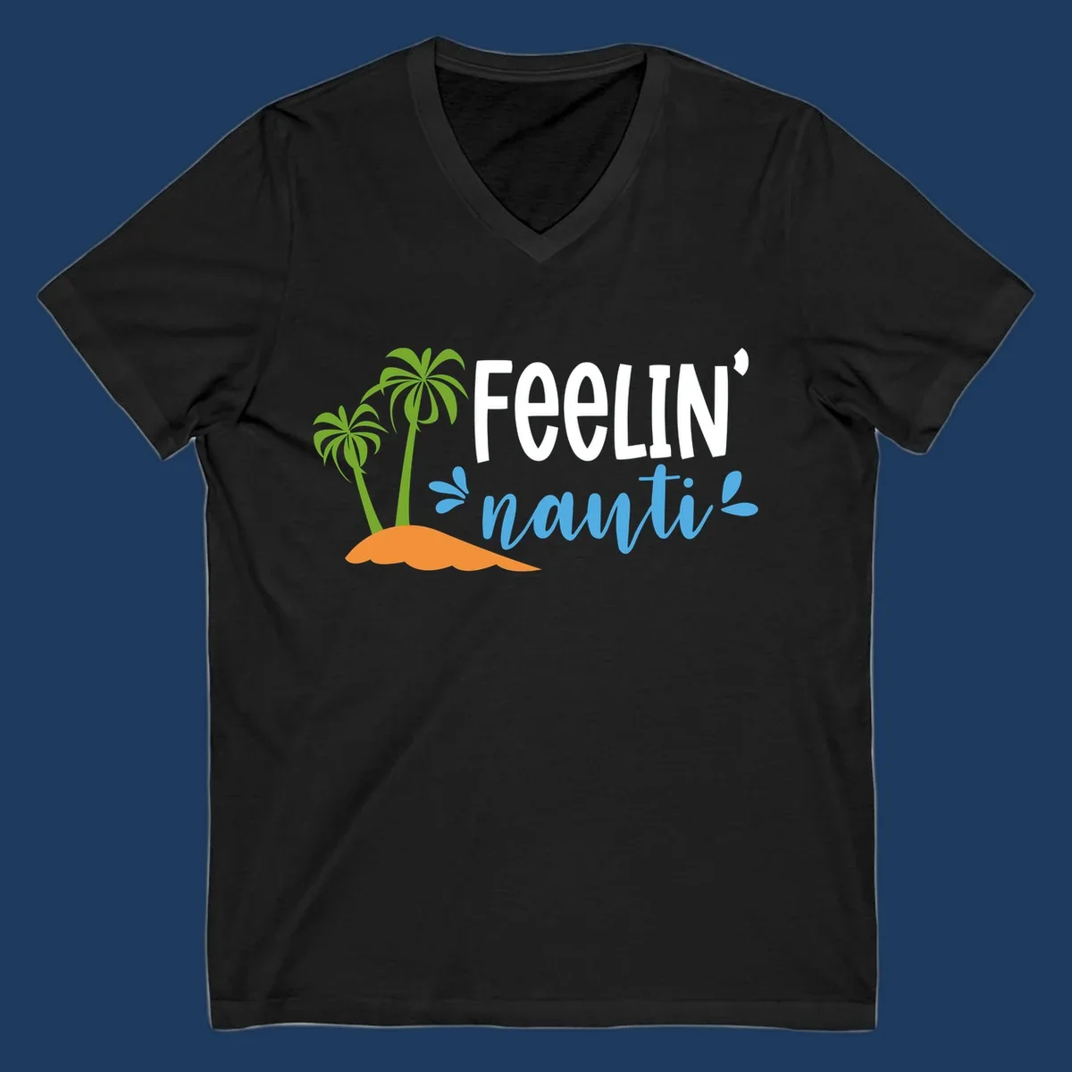 Feelin' nauty cruise design with palm trees, ocean waves, and tropical lettering on gray background