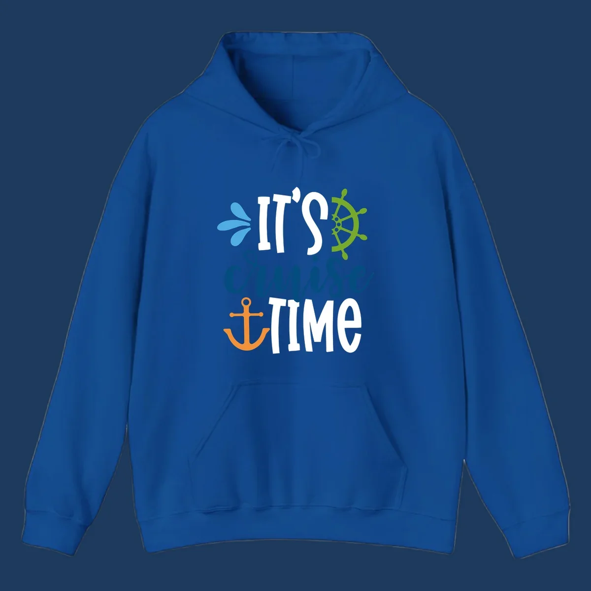 Nautical design with 'IT'S CRUISE TIME' text, anchor, ship wheel, and decorative elements in blue, white, orange and green