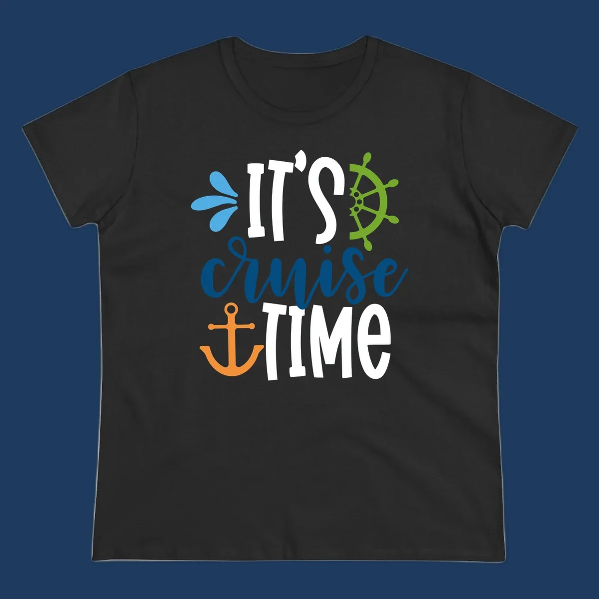 Nautical design with 'IT'S CRUISE TIME' text, anchor, ship wheel, and decorative elements in blue, white, orange and green