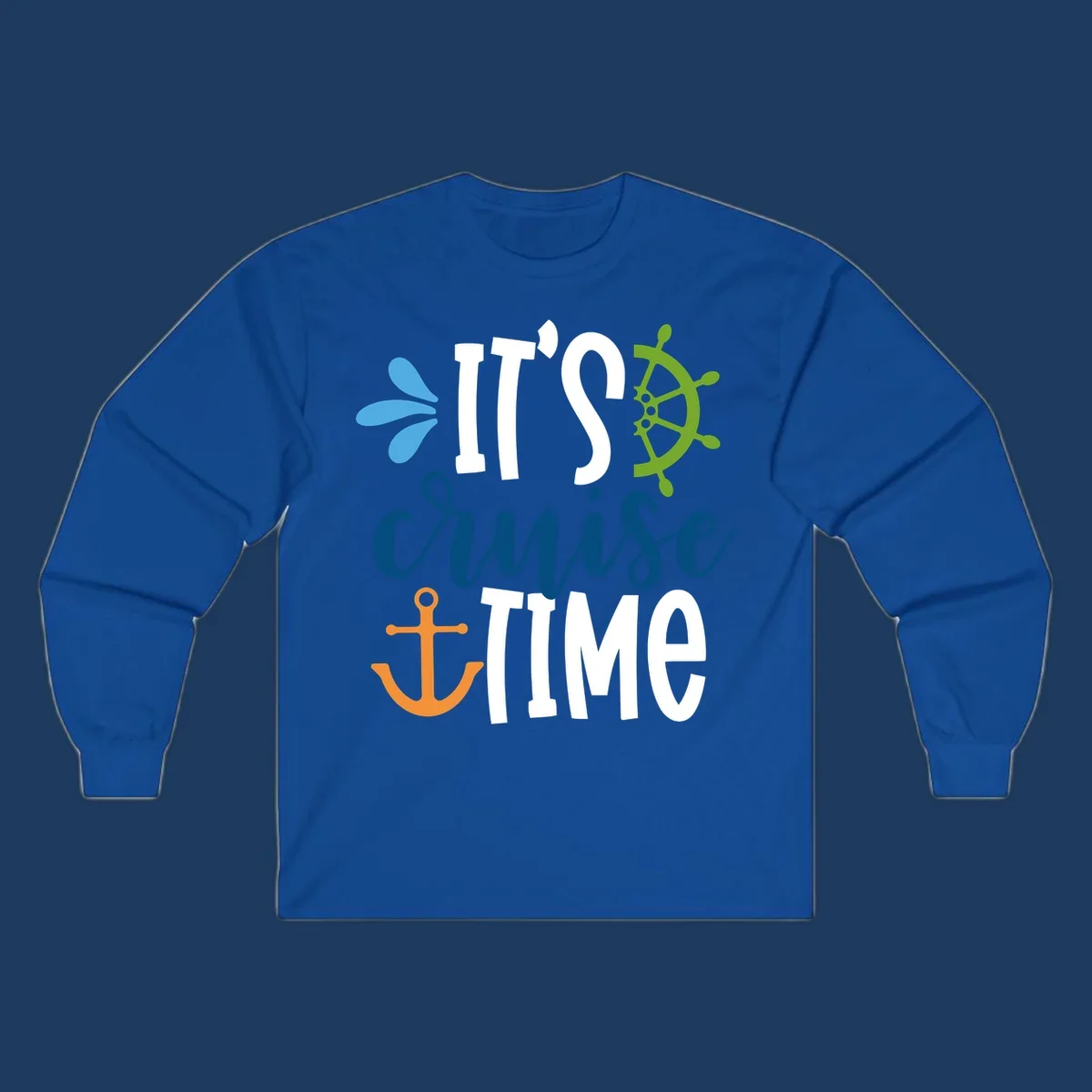 Nautical design with 'IT'S CRUISE TIME' text, anchor, ship wheel, and decorative elements in blue, white, orange and green