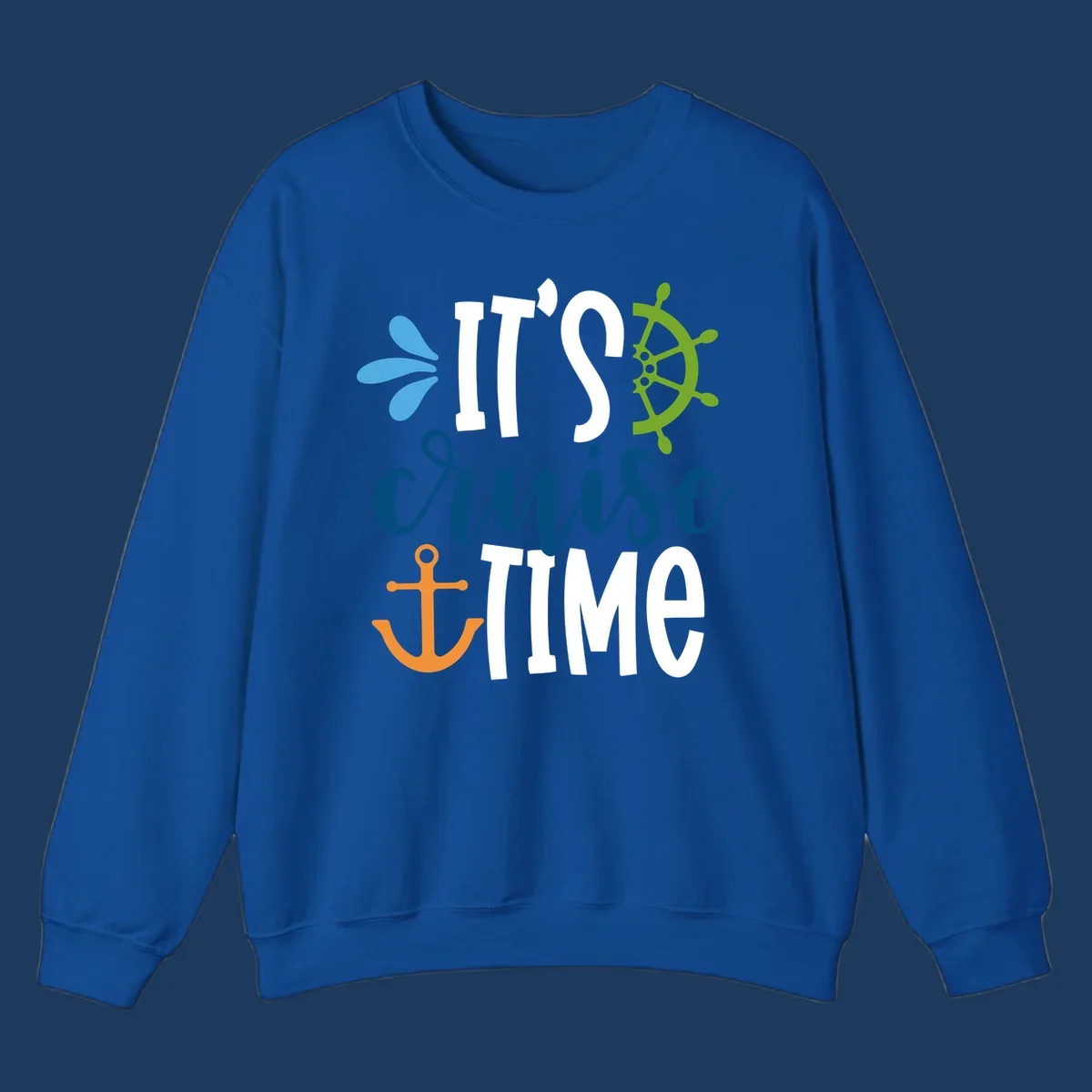 Nautical design with 'IT'S CRUISE TIME' text, anchor, ship wheel, and decorative elements in blue, white, orange and green