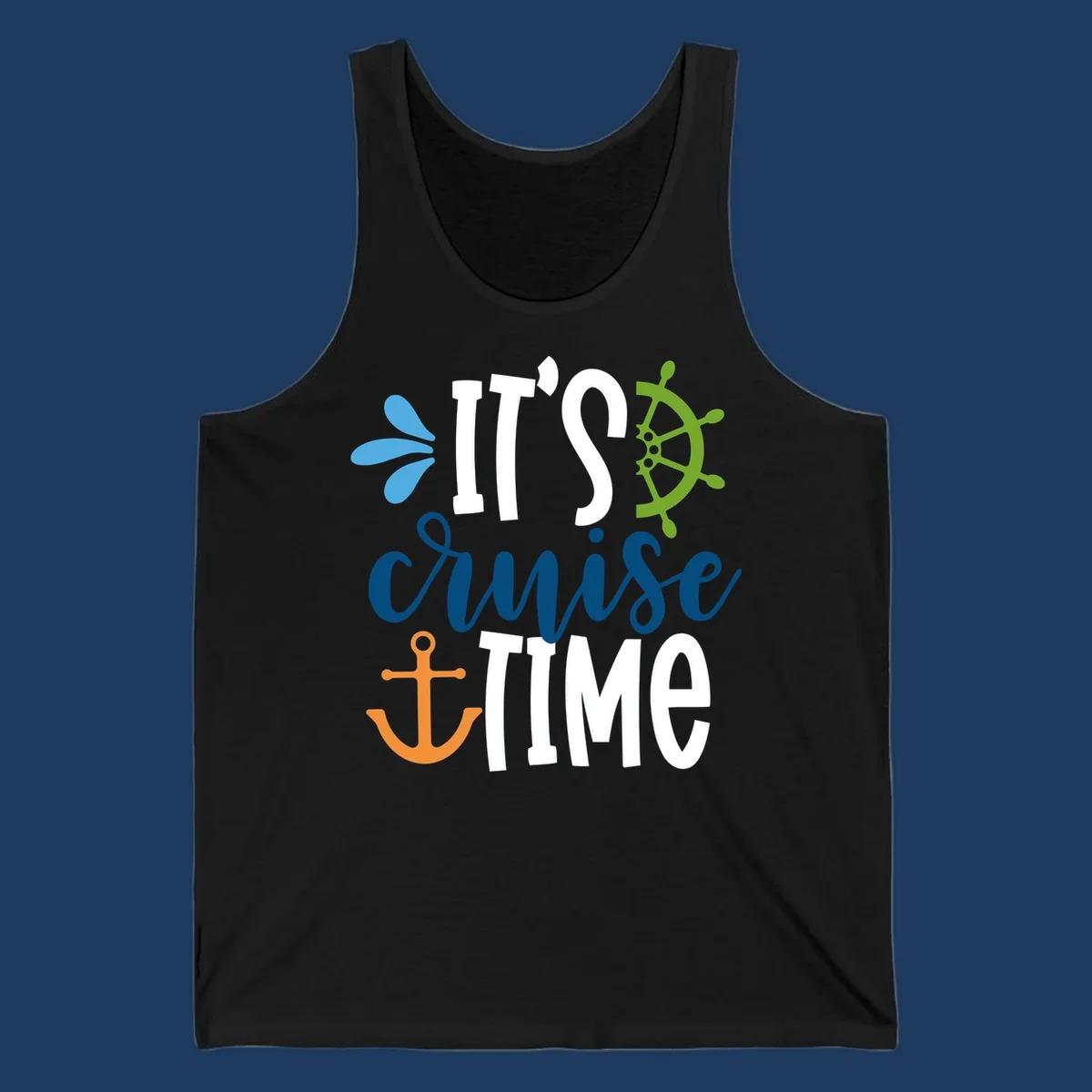 Nautical design with 'IT'S CRUISE TIME' text, anchor, ship wheel, and decorative elements in blue, white, orange and green