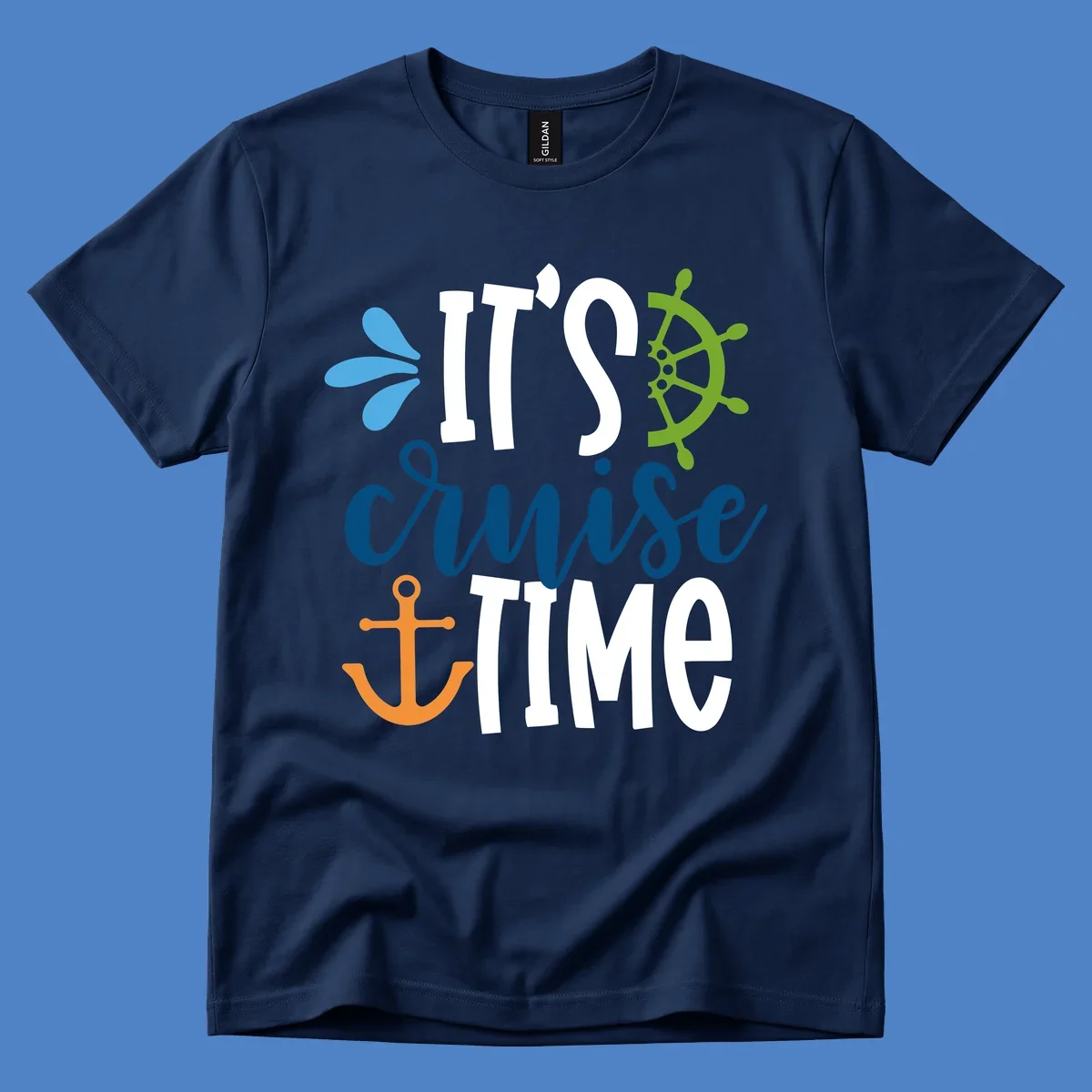 Nautical design with 'IT'S CRUISE TIME' text, anchor, ship wheel, and decorative elements in blue, white, orange and green