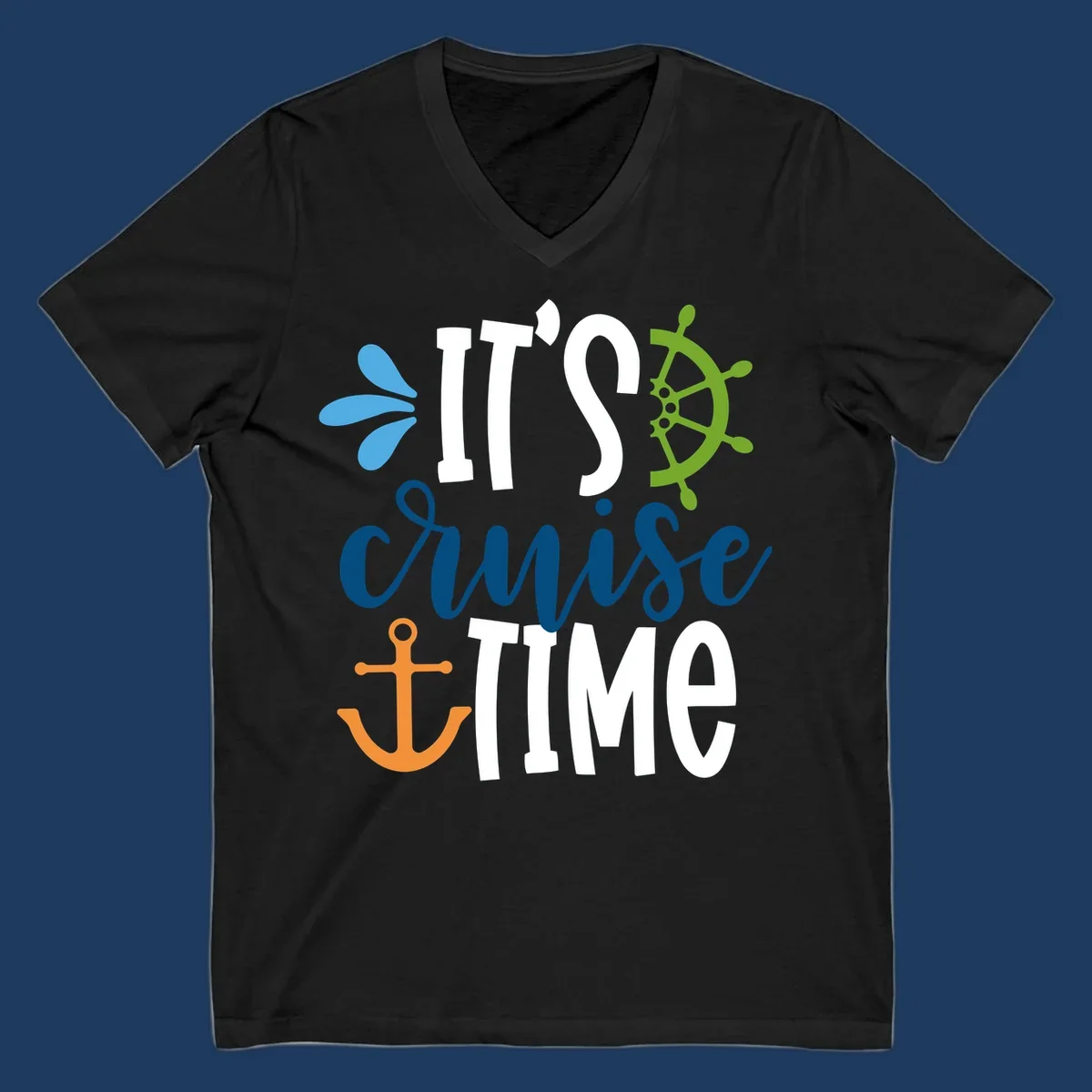 Nautical design with 'IT'S CRUISE TIME' text, anchor, ship wheel, and decorative elements in blue, white, orange and green