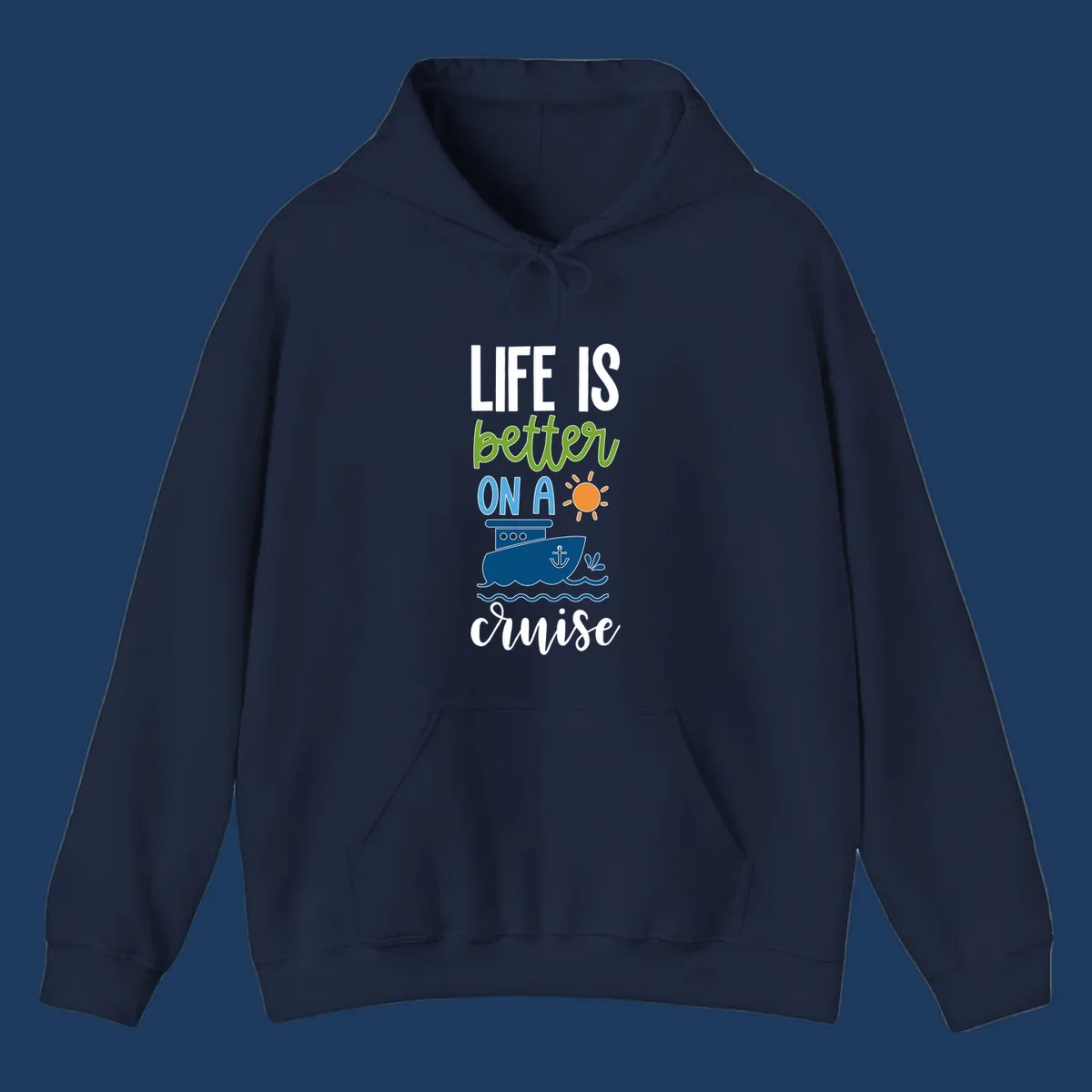 Colorful life-better-cruise design featuring a cruise ship, sun, and ocean waves with playful typography