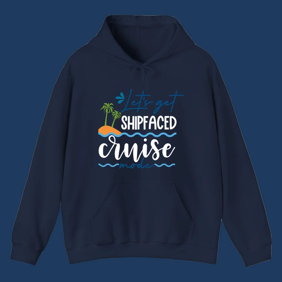 Tropical cruise design with palm trees and waves featuring blue handwritten text reading 'Let's get shipfaced cruise mode'