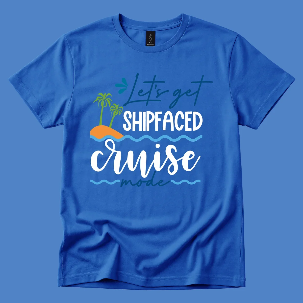 Tropical cruise design with palm trees and waves featuring blue handwritten text reading 'Let's get shipfaced cruise mode'