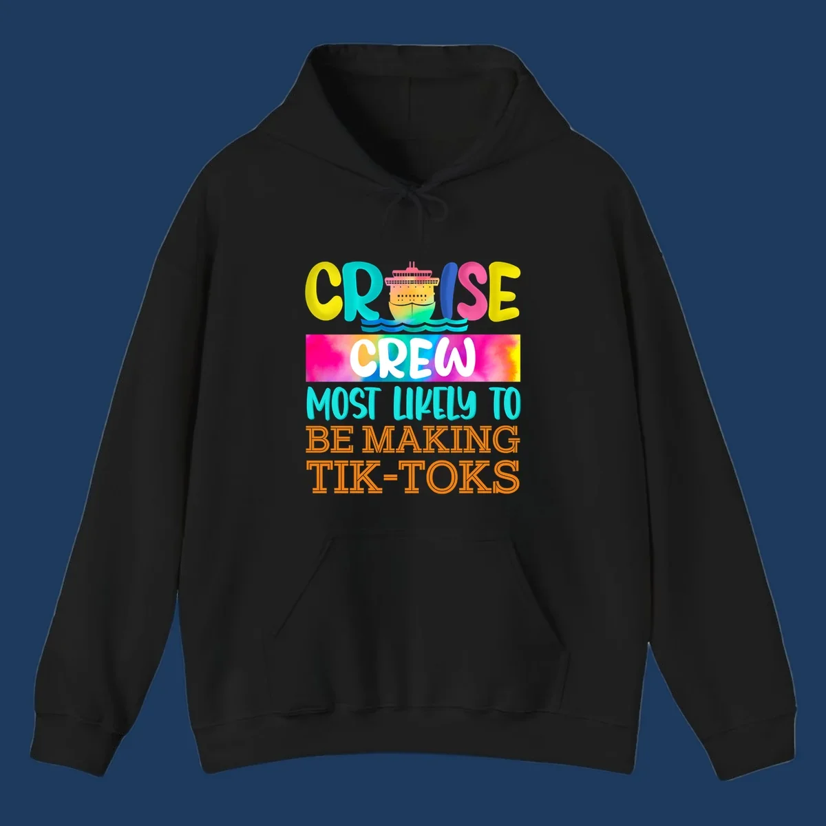 Colorful cruise crew tiktok design featuring a vibrant ship, ocean waves, and rainbow text reading cruise crew most likely to be making tiktoks