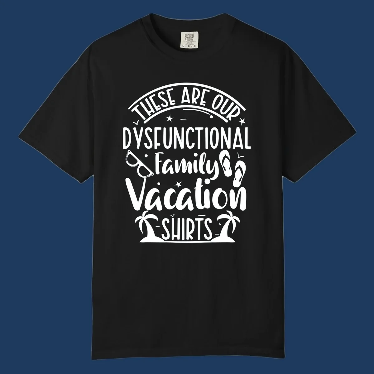Vintage-style badge with dysfunctional family vacation text, sunglasses, flip flops, and palm trees design