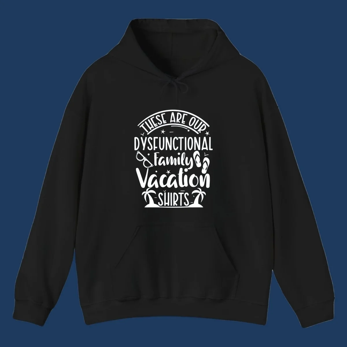 Vintage-style badge with dysfunctional family vacation text, sunglasses, flip flops, and palm trees design