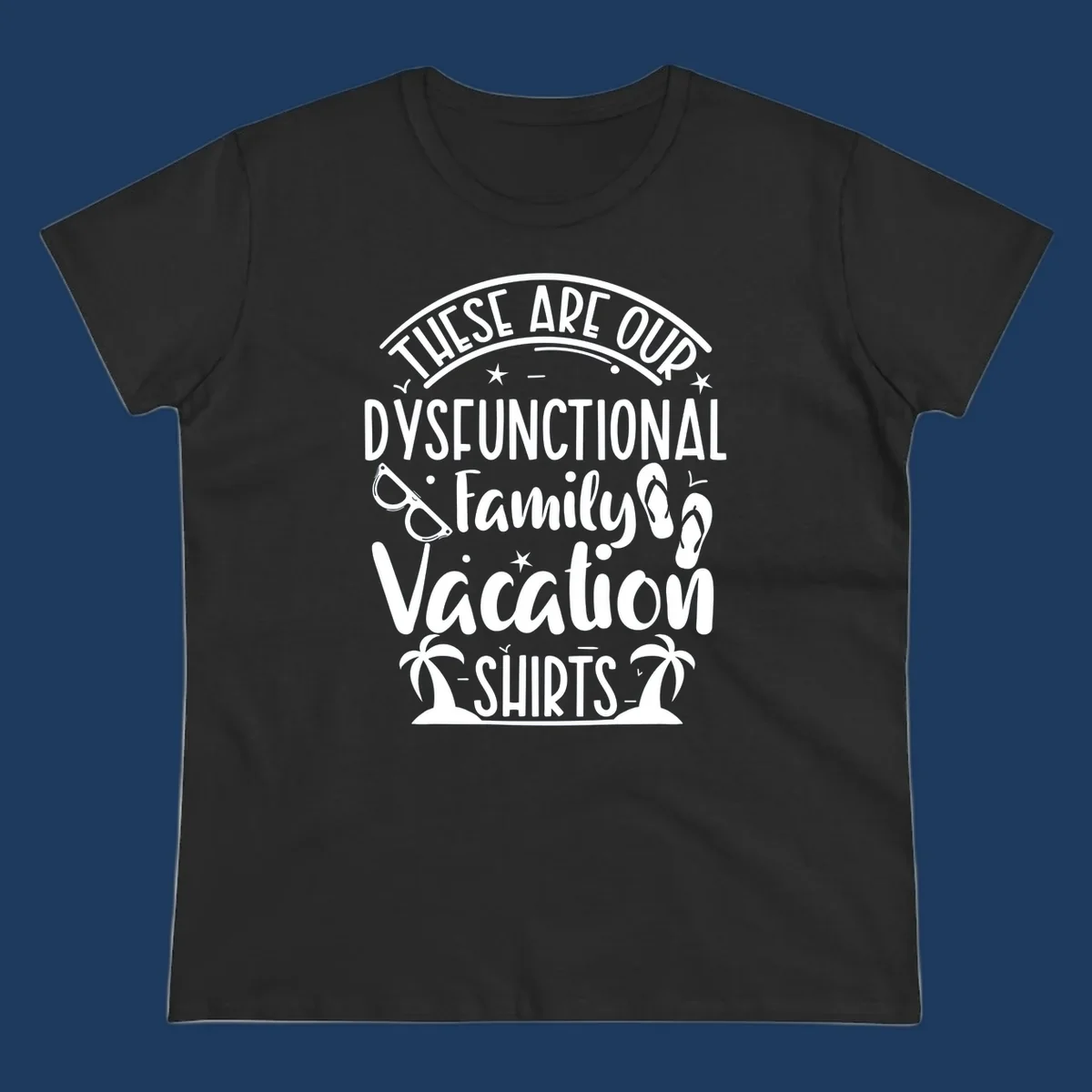 Vintage-style badge with dysfunctional family vacation text, sunglasses, flip flops, and palm trees design