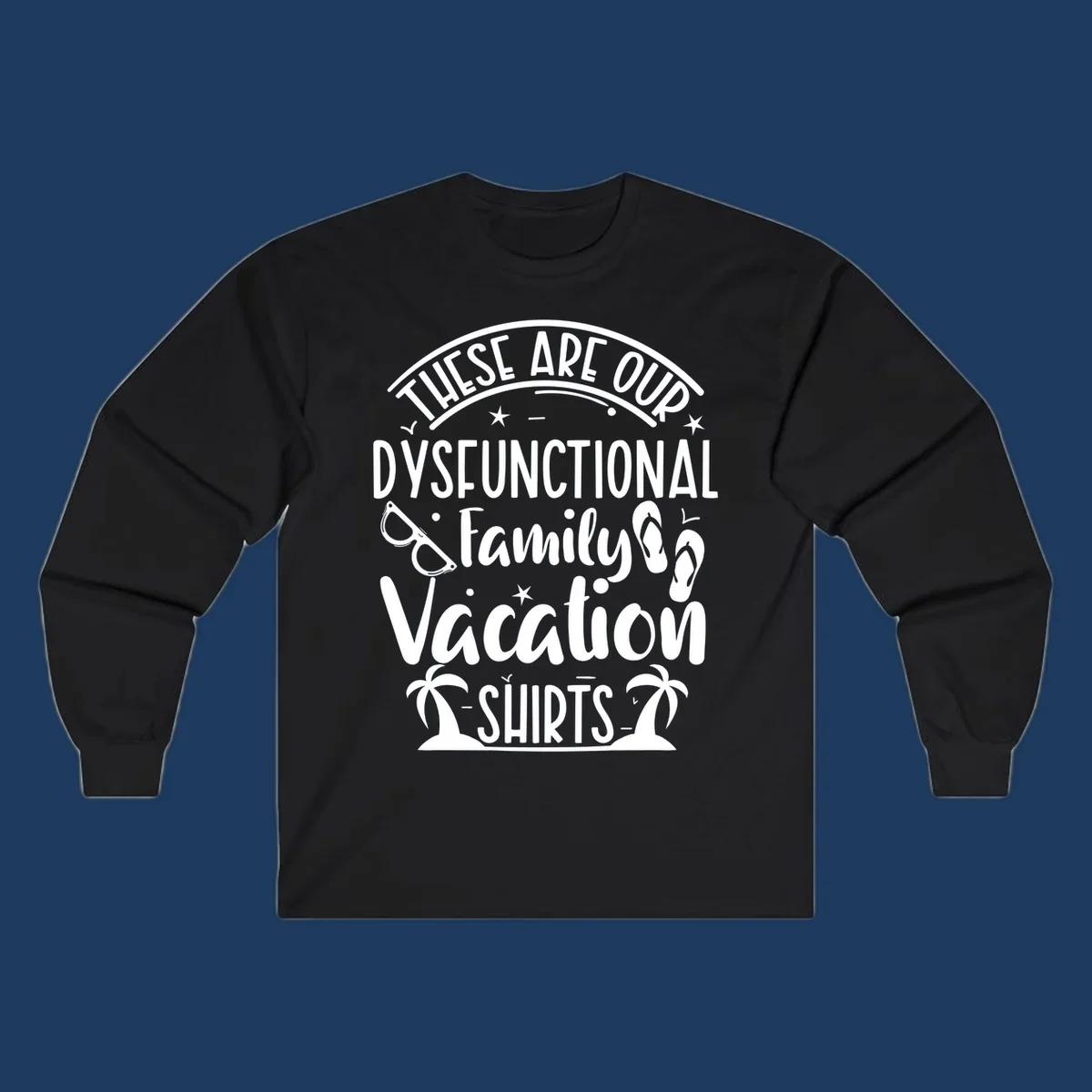 Vintage-style badge with dysfunctional family vacation text, sunglasses, flip flops, and palm trees design